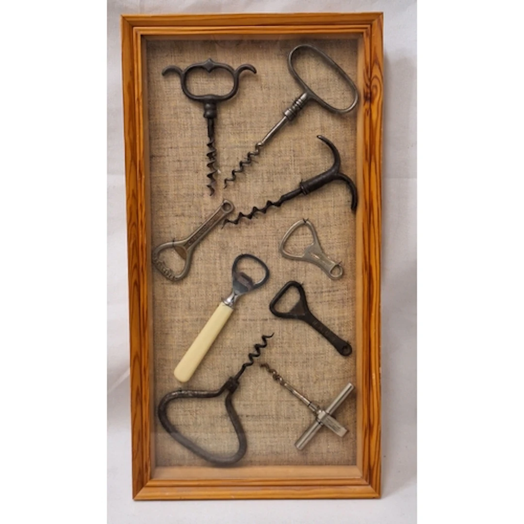 Framed Collection Vintage & Antique Corkscrews/Bottle opener...