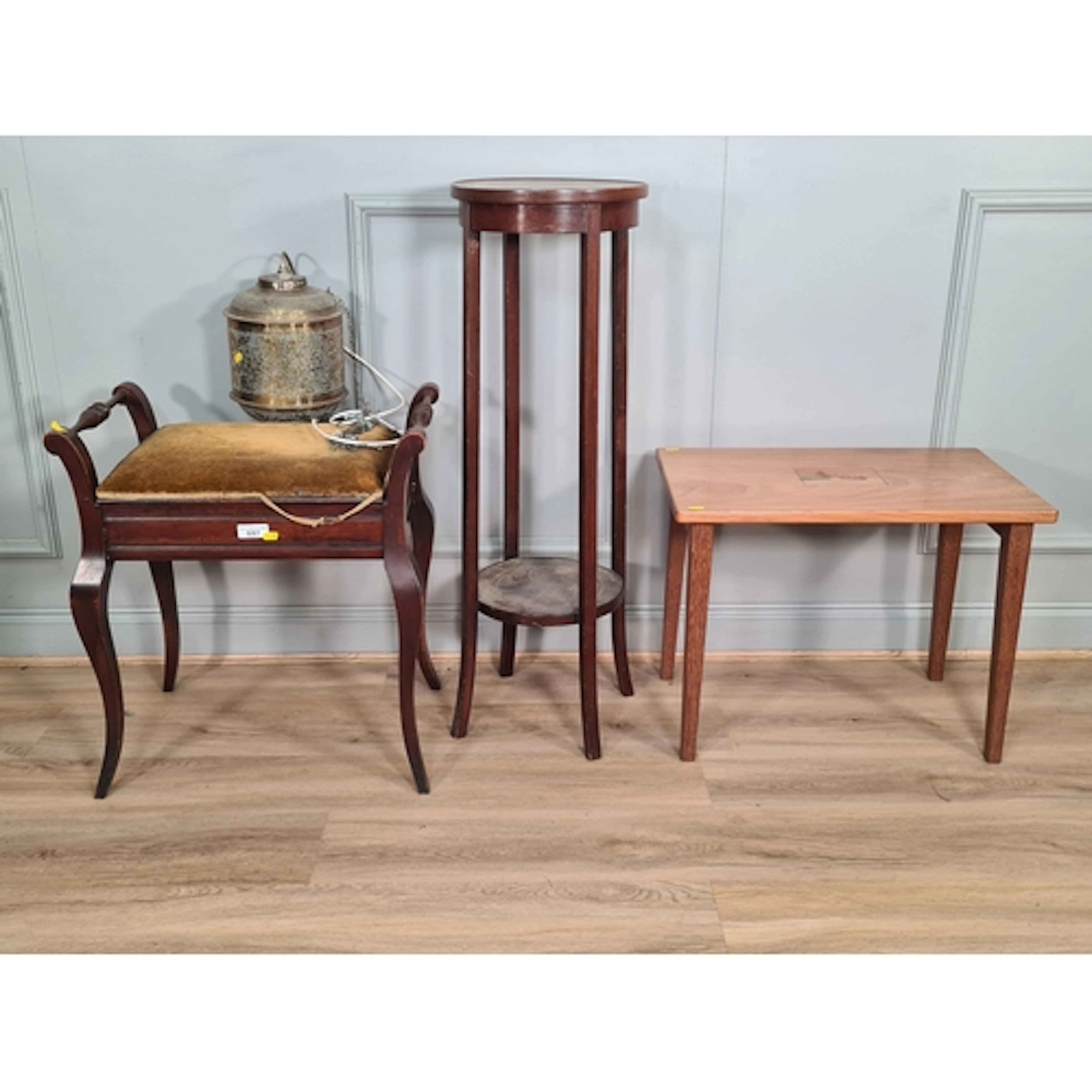An Edwardian Piano Stool, a brass lantern style Light Fittin...