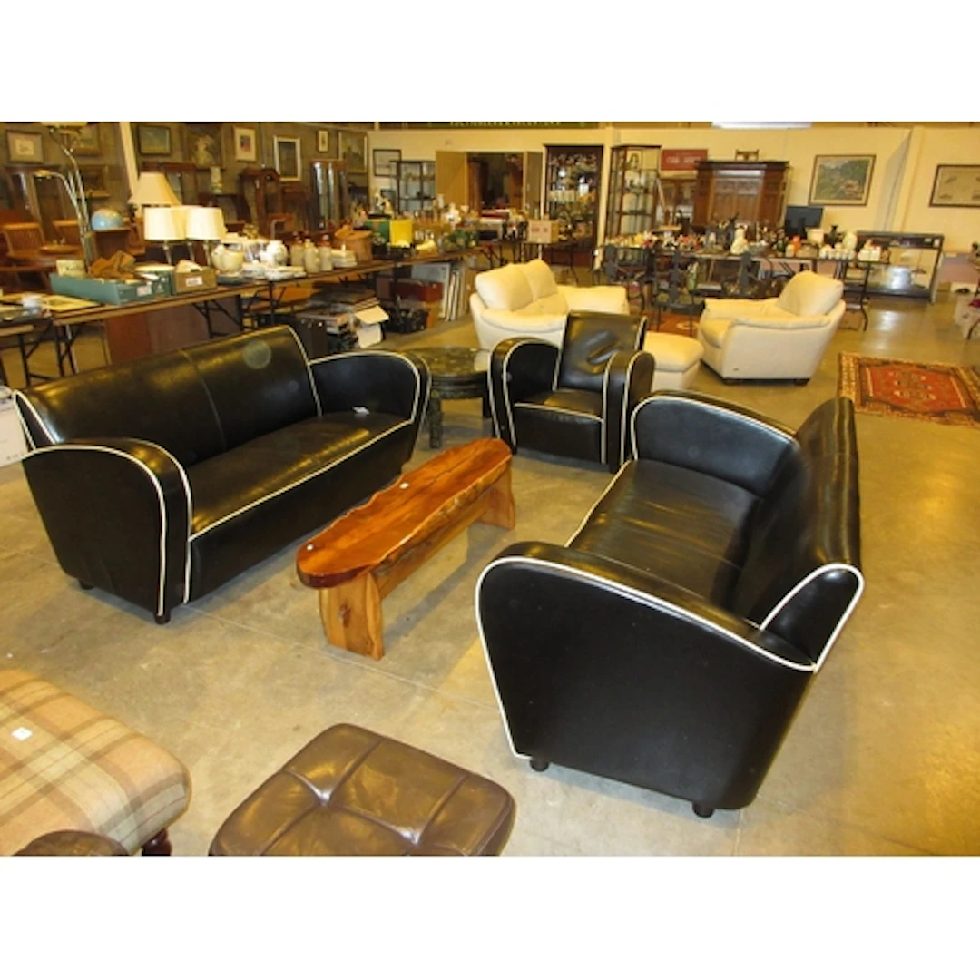 Art Deco Style Italian Black Leather with Cream Piping Pair ...