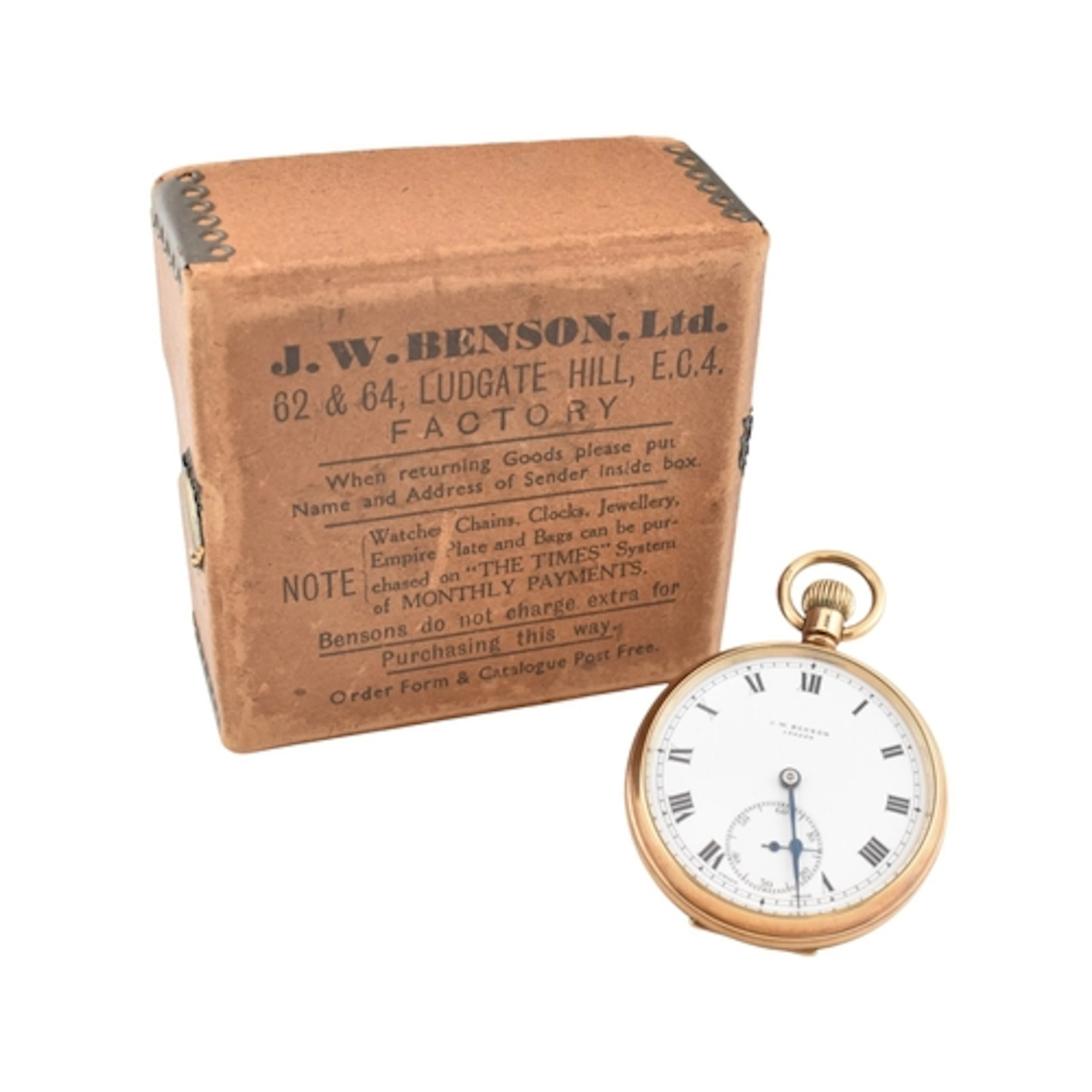 A 1930s J W Benson 9ct gold open face pocket watch. The 15 j...