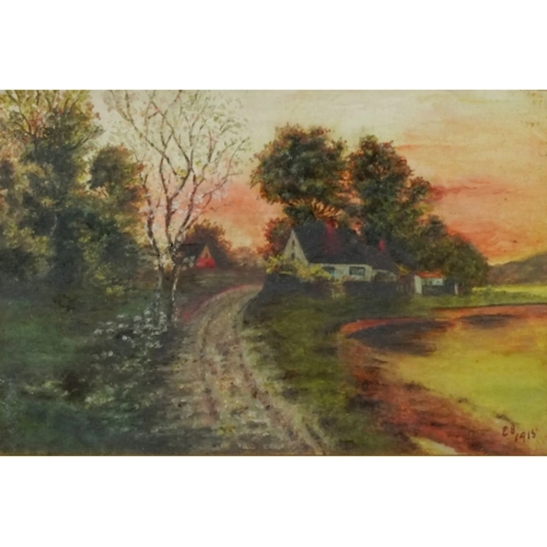 Cottage by a woodland path, early 20th century oil, bearing ...