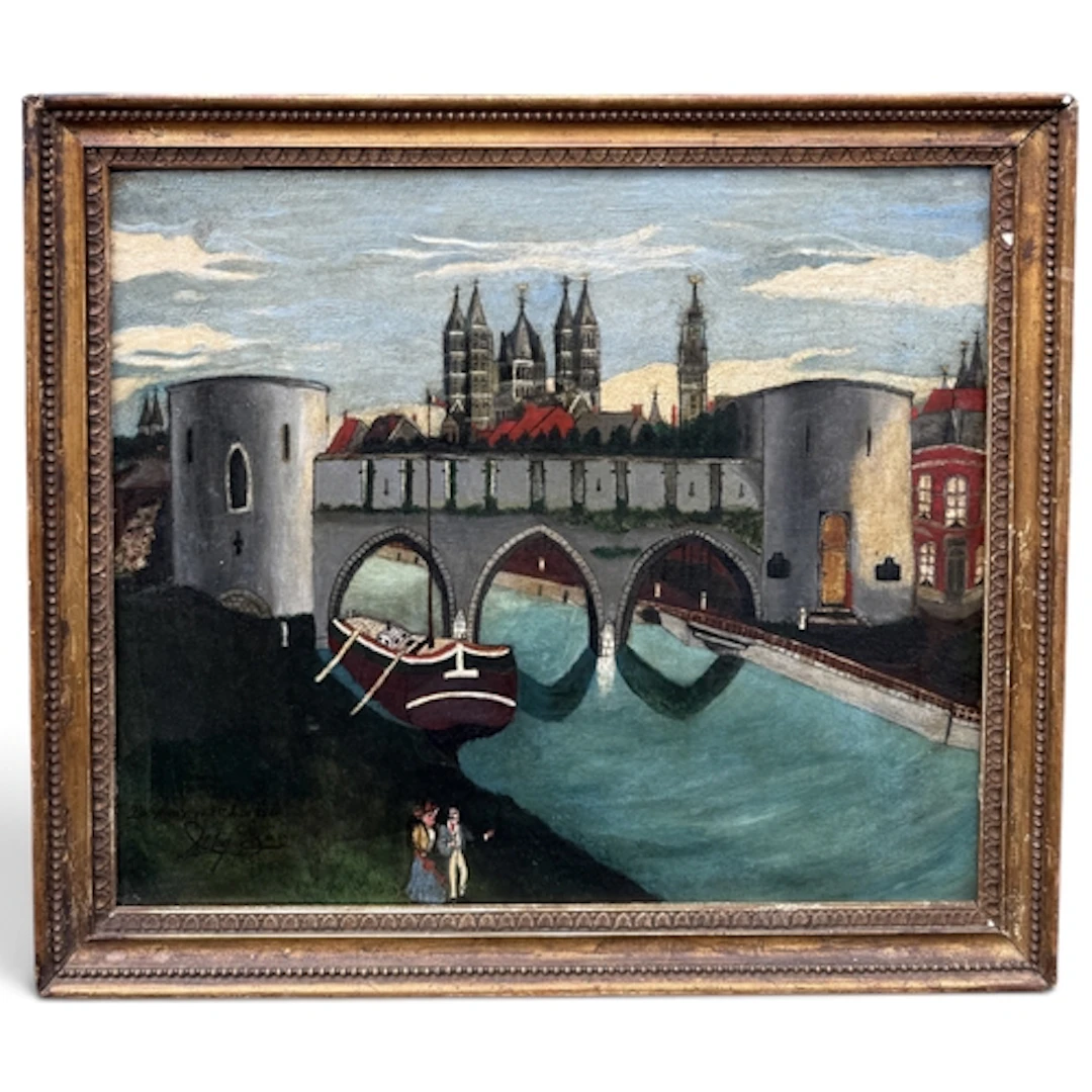 FRENCH SCHOOL CIRCA 1900: RIVER VIEW WITH A CITY AND TWO FIG...