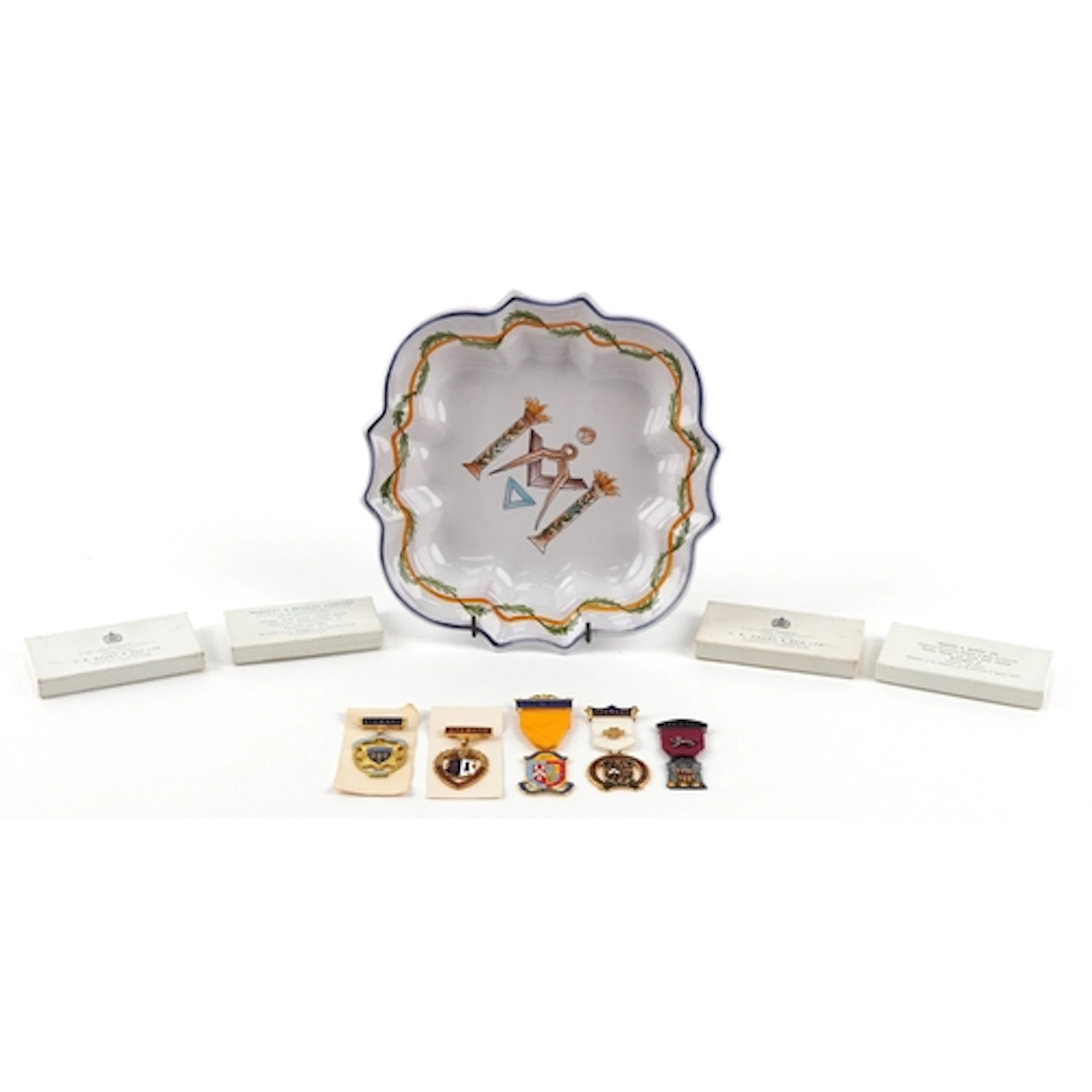 Masonic French faience glazed pottery dish with hand painted...