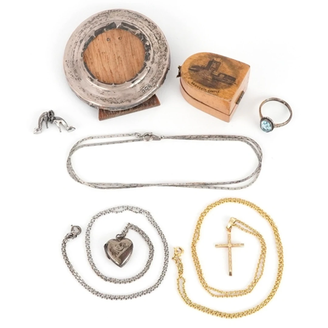 Antique and later jewellery and objects including silver blu...