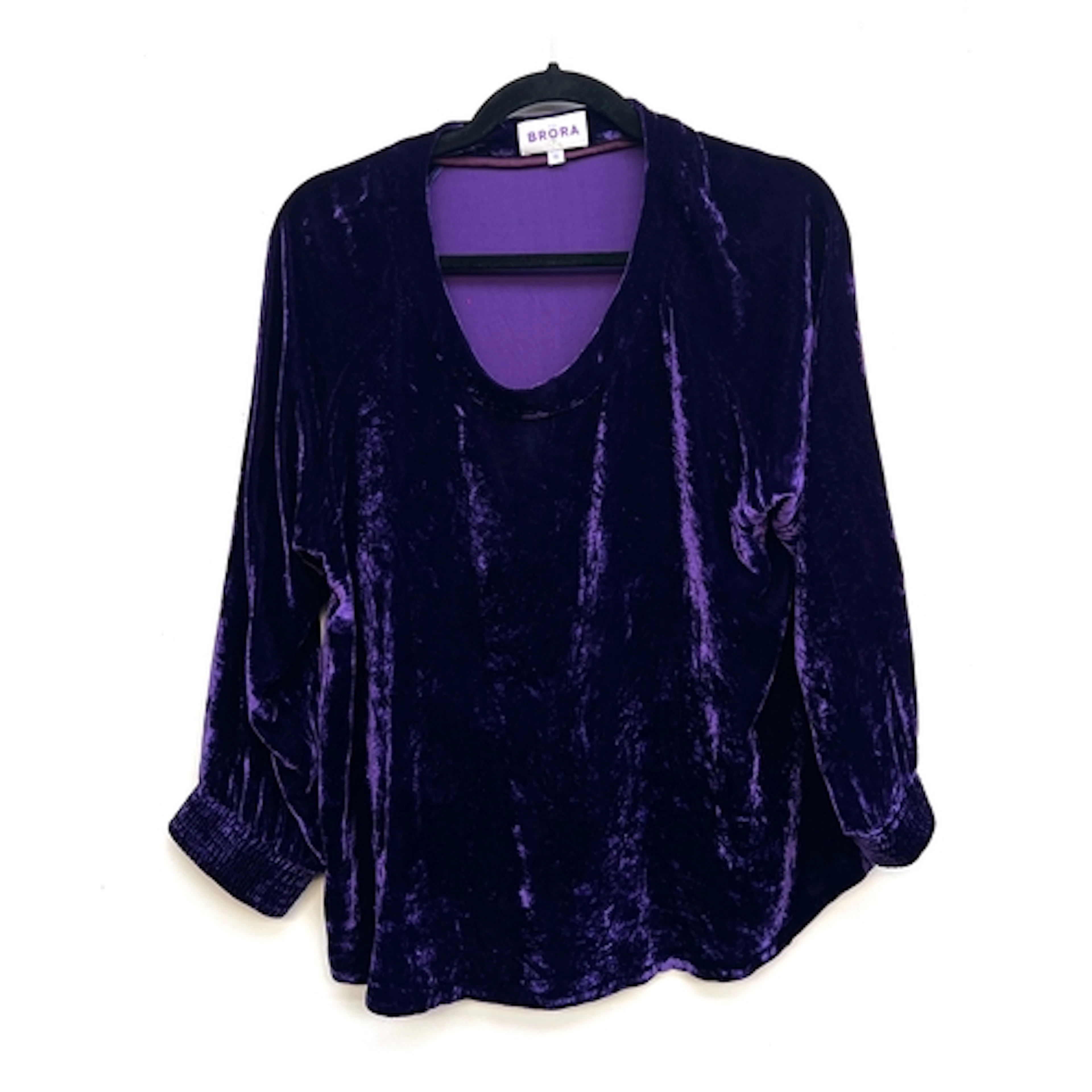 A Brora purple silk blend velvet top, size 16