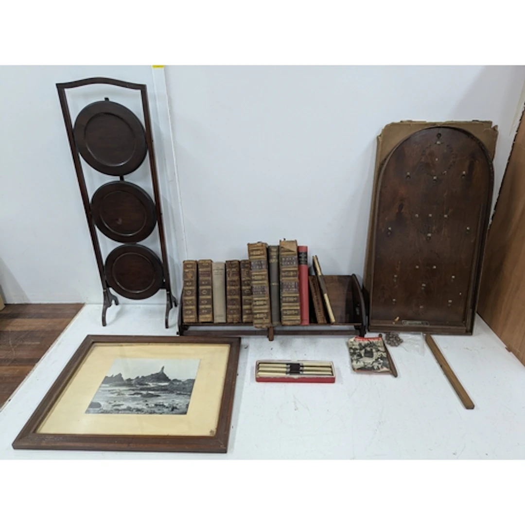 A mixed lot to include a book trough, a bagatelle board, a c...