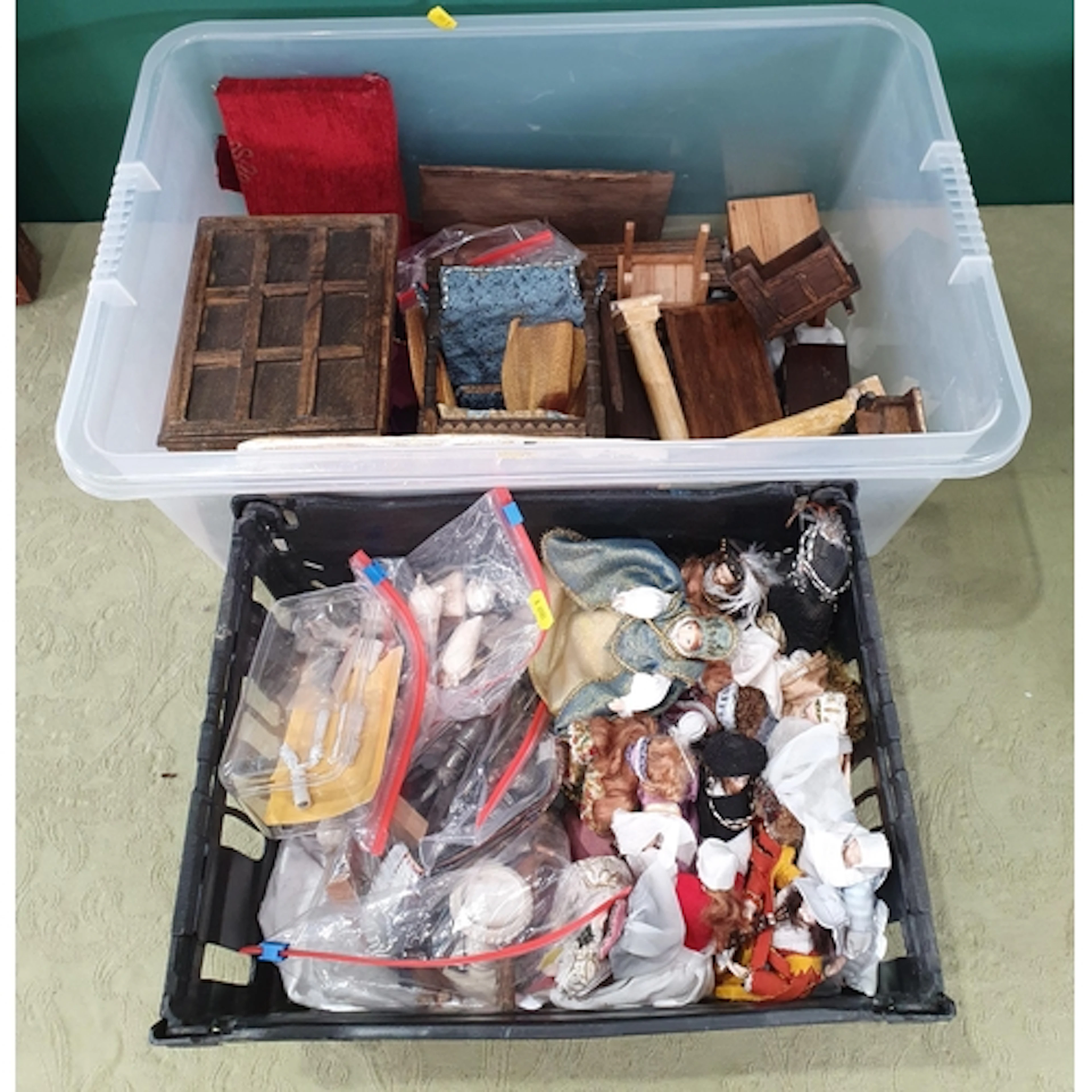 A box containing miniature Dolls, Dolls House Furniture, etc...