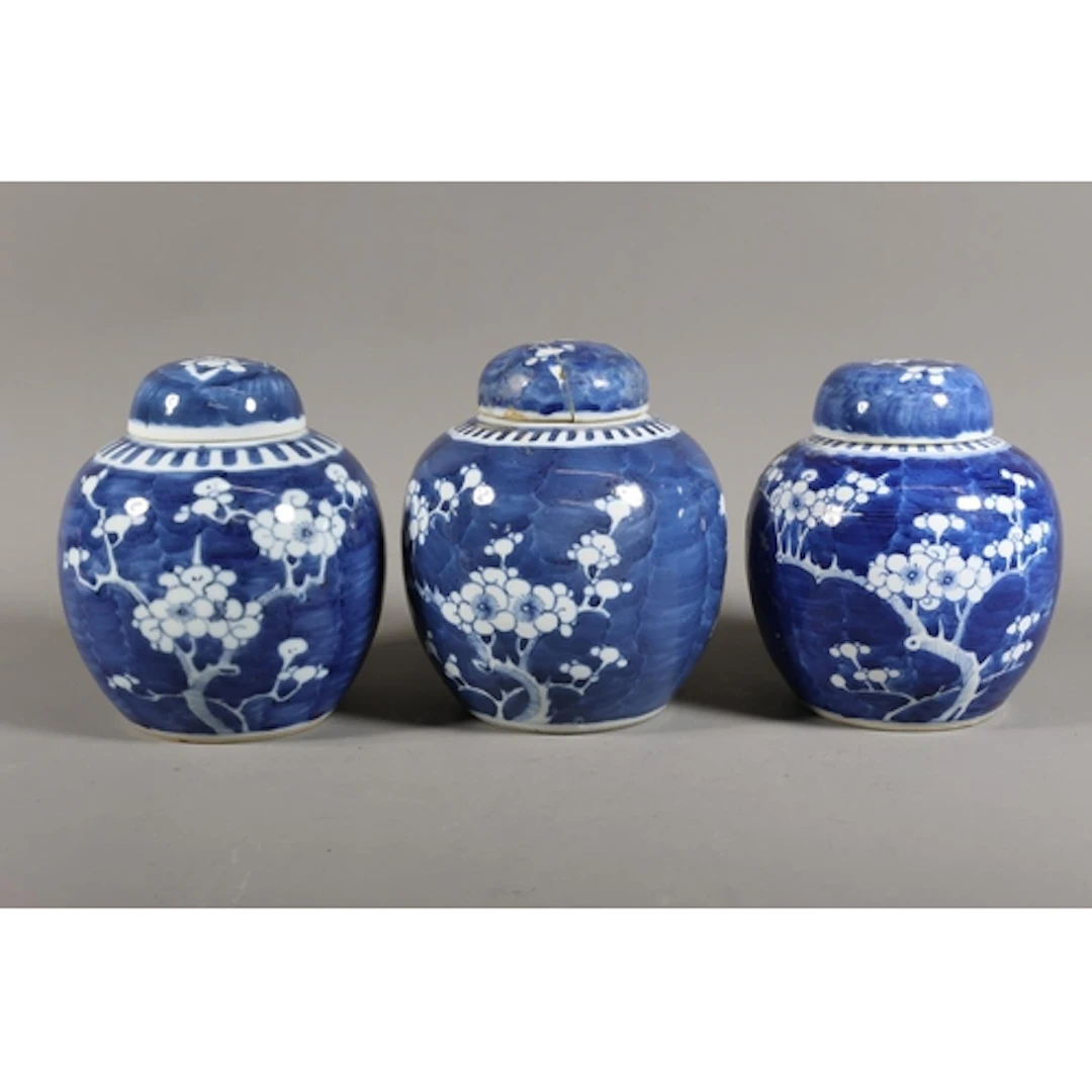 Blue and white oriental ginger jars and covers, blue circle ...