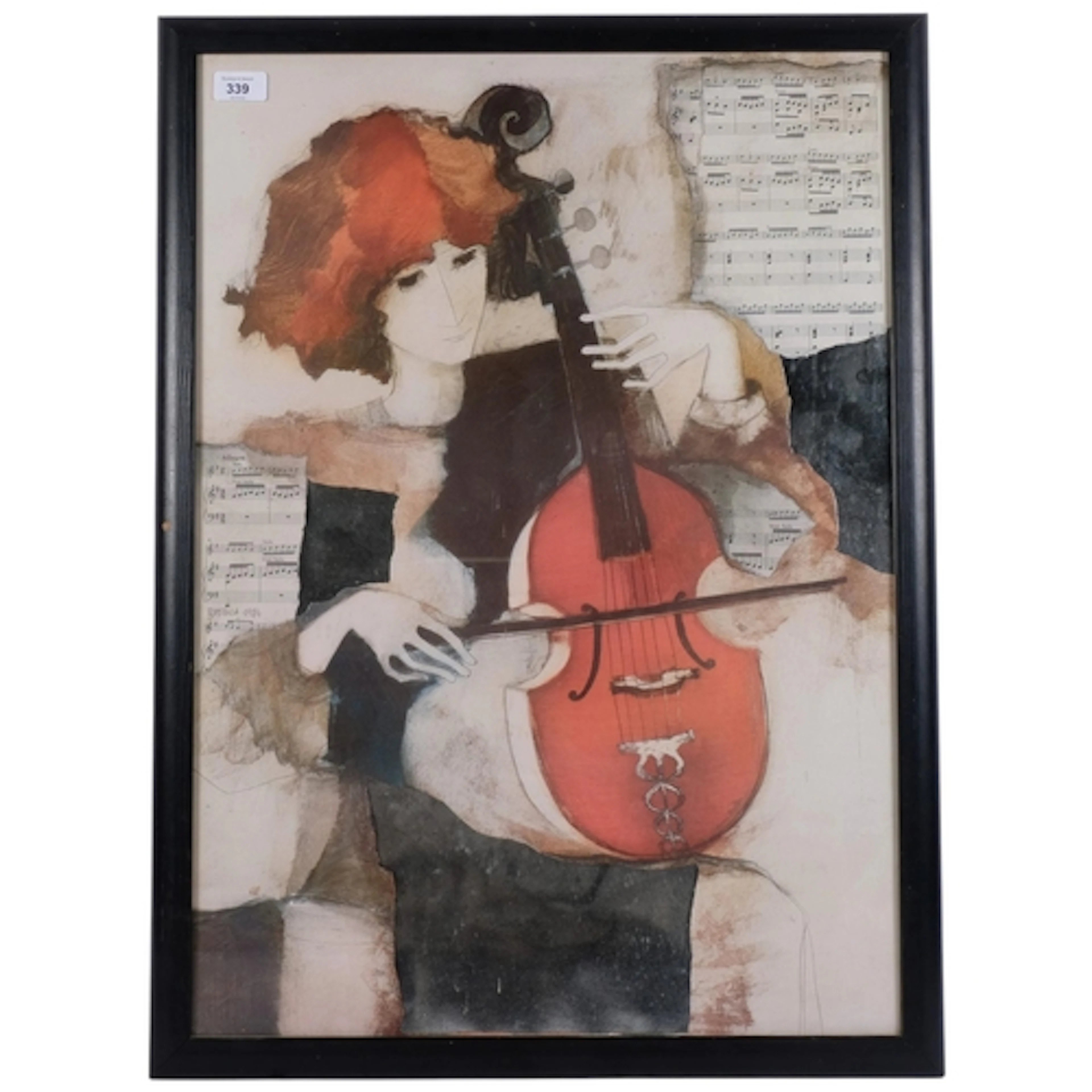 Rosina, mixed media study, girl playing a violin, dated 1984