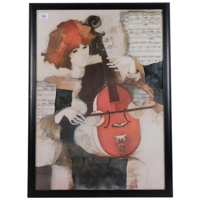 Rosina, mixed media study, girl playing a violin, dated 1984