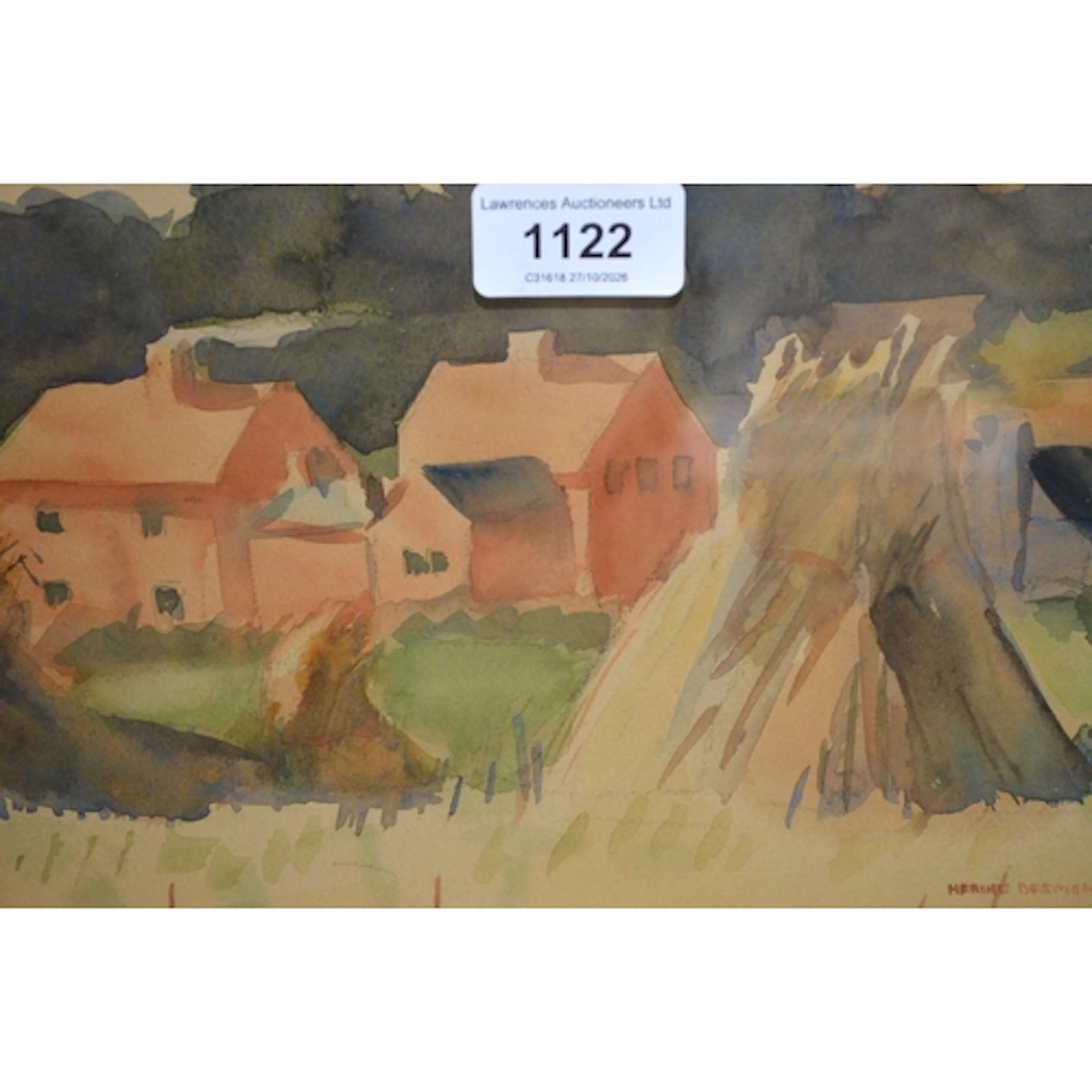 Nerine Desmond, watercolour, hay stooks with farm buildings ...