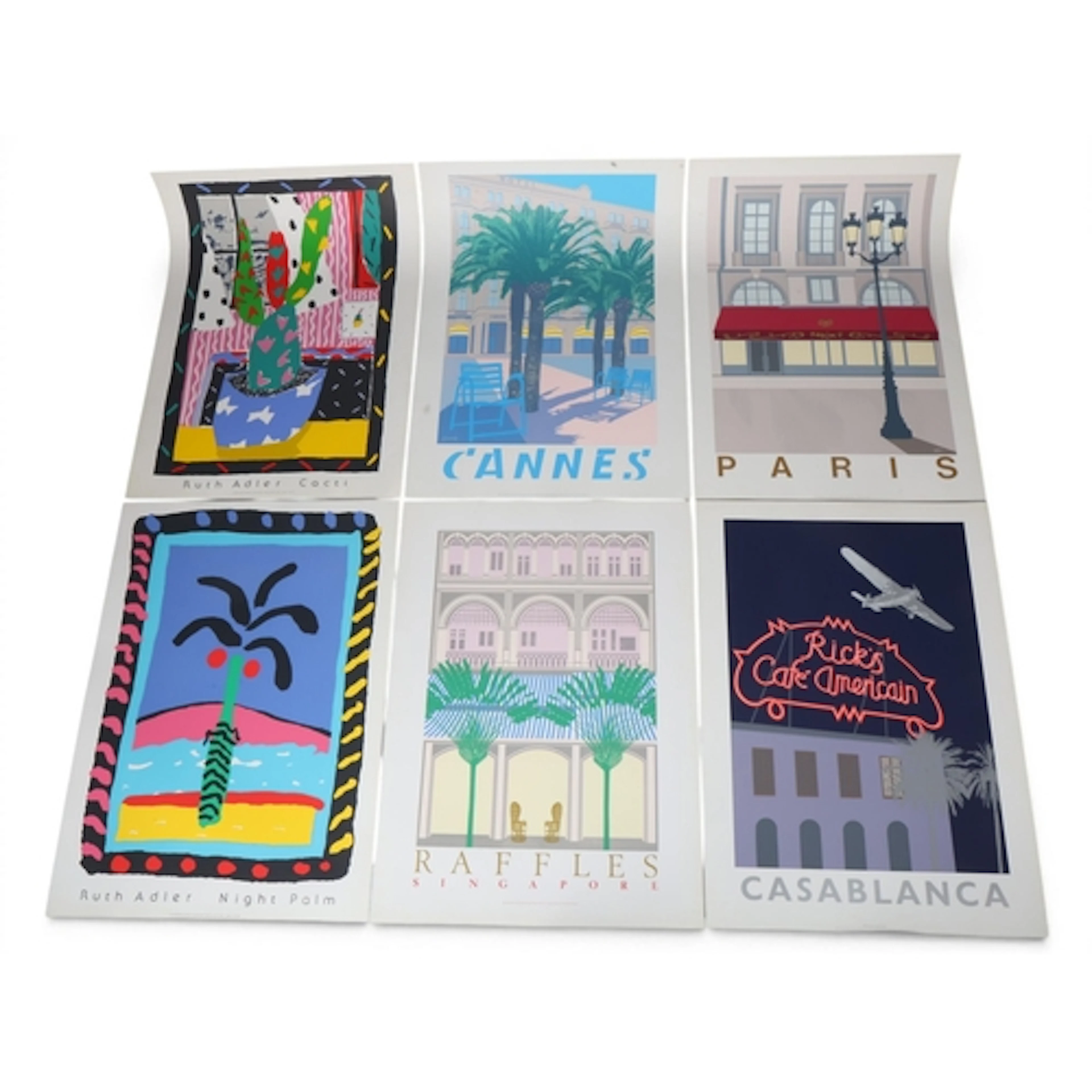 Six screen print posters, 4 travel themed, Paris-Cannes- Raf...