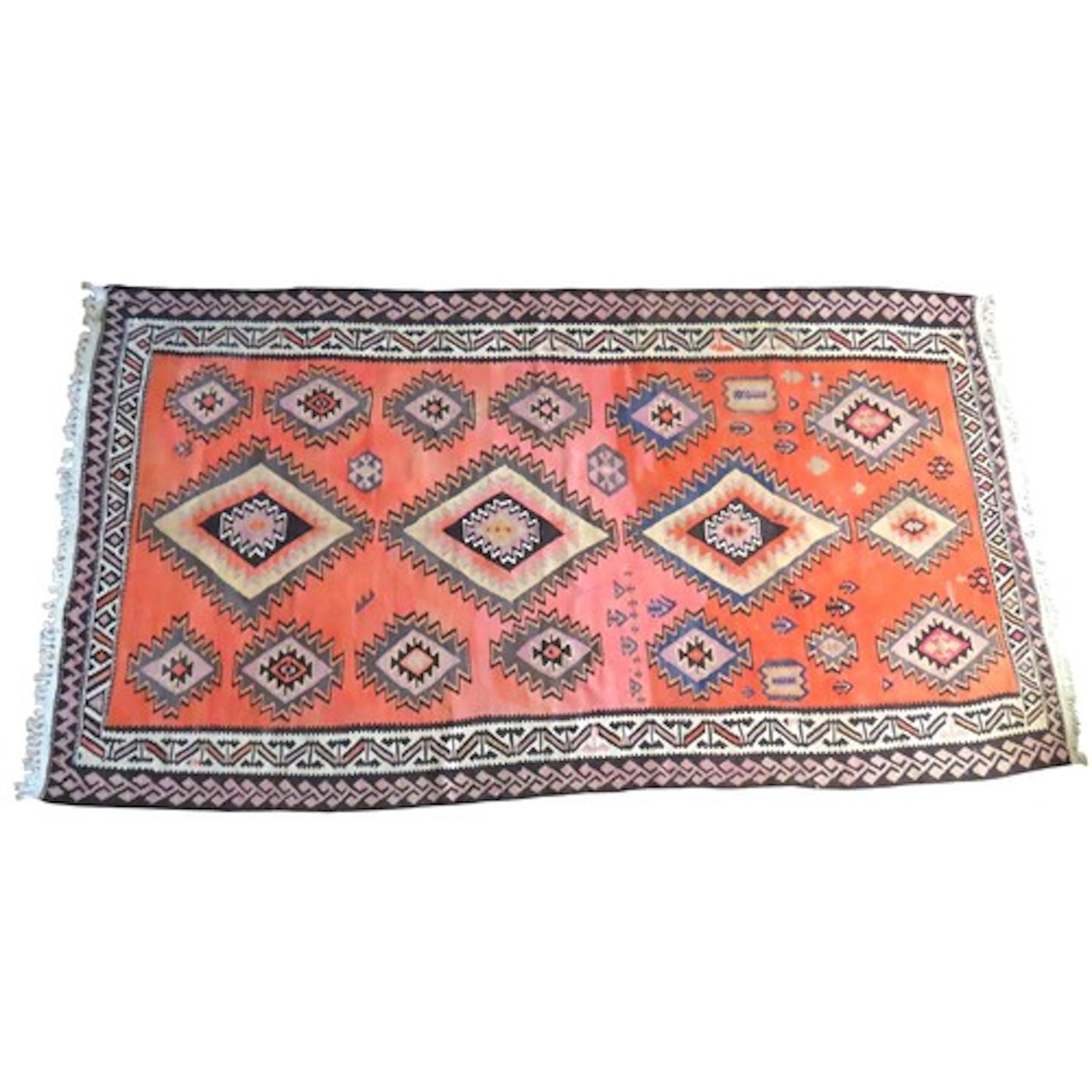 ORANGE FLATWEAVE KHELIM RUG with brown repeating foliate bo...