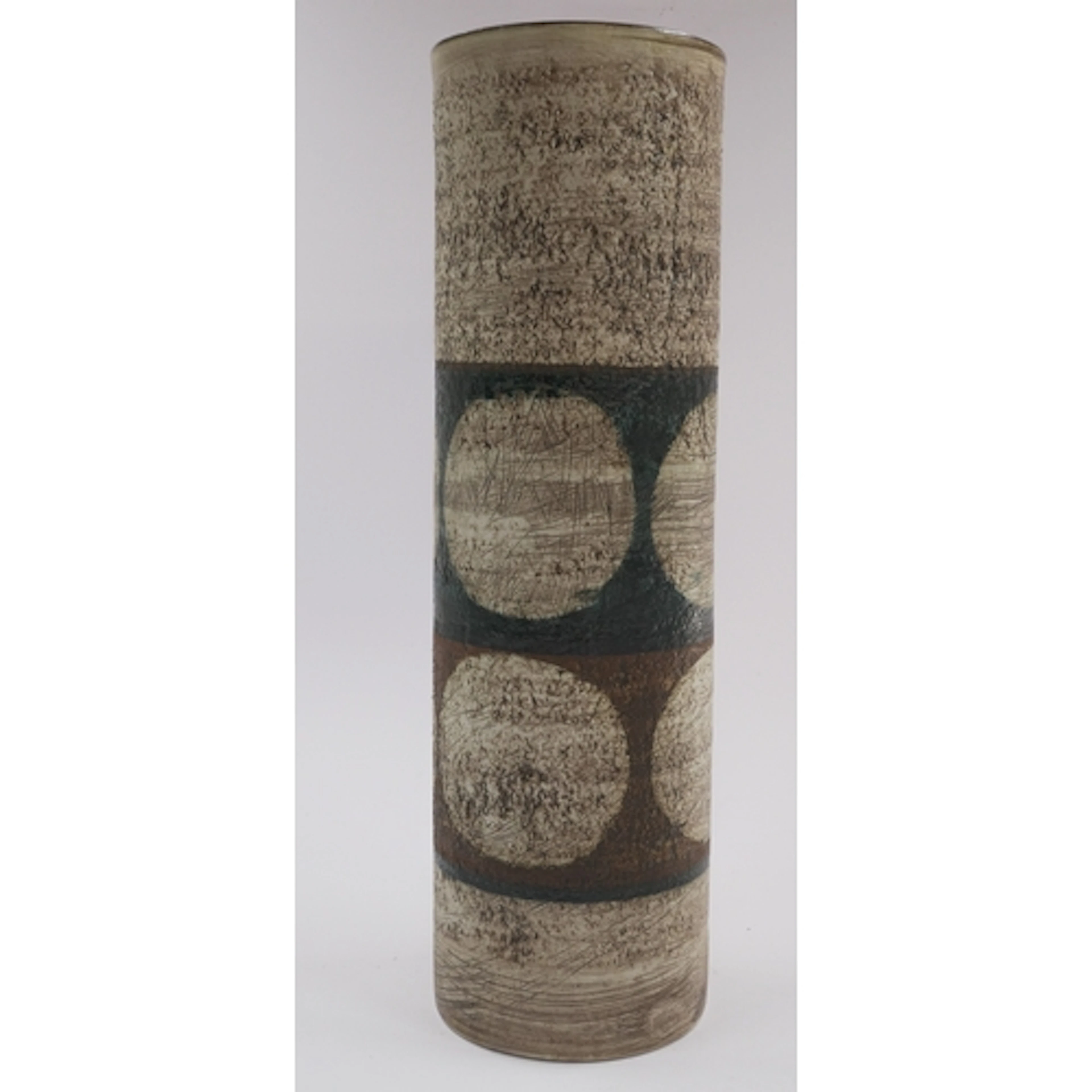 A tall Troika cylinder vase by Sylvia Vallence, c.1967-69, t...