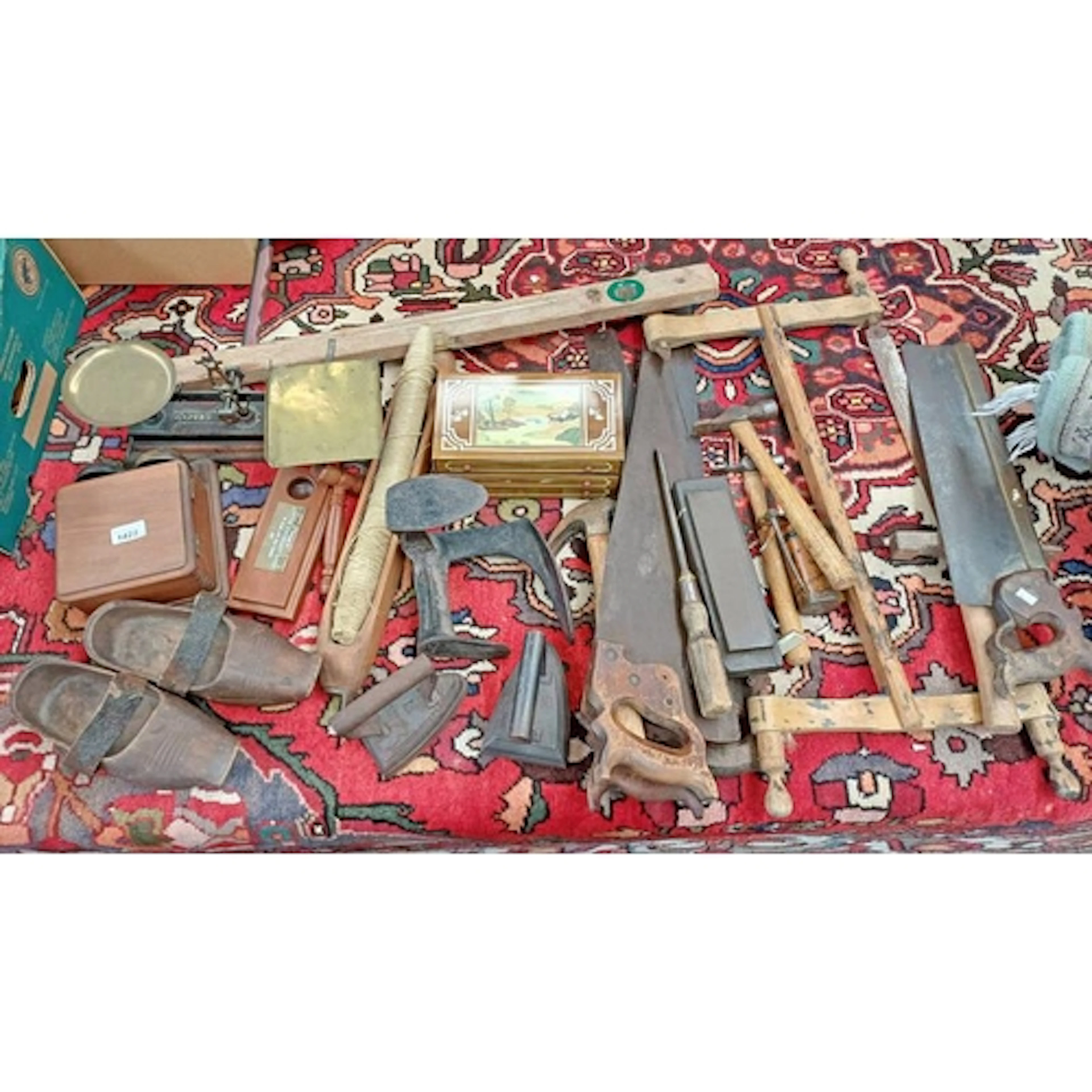 VINTAGE TOOLS TO INCLUDE HAND SAWS, IRONS, SHOE LASTS, WOODE...