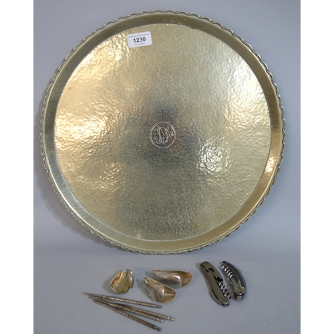 Wellens Ware polished tray, signed, together with other wine...