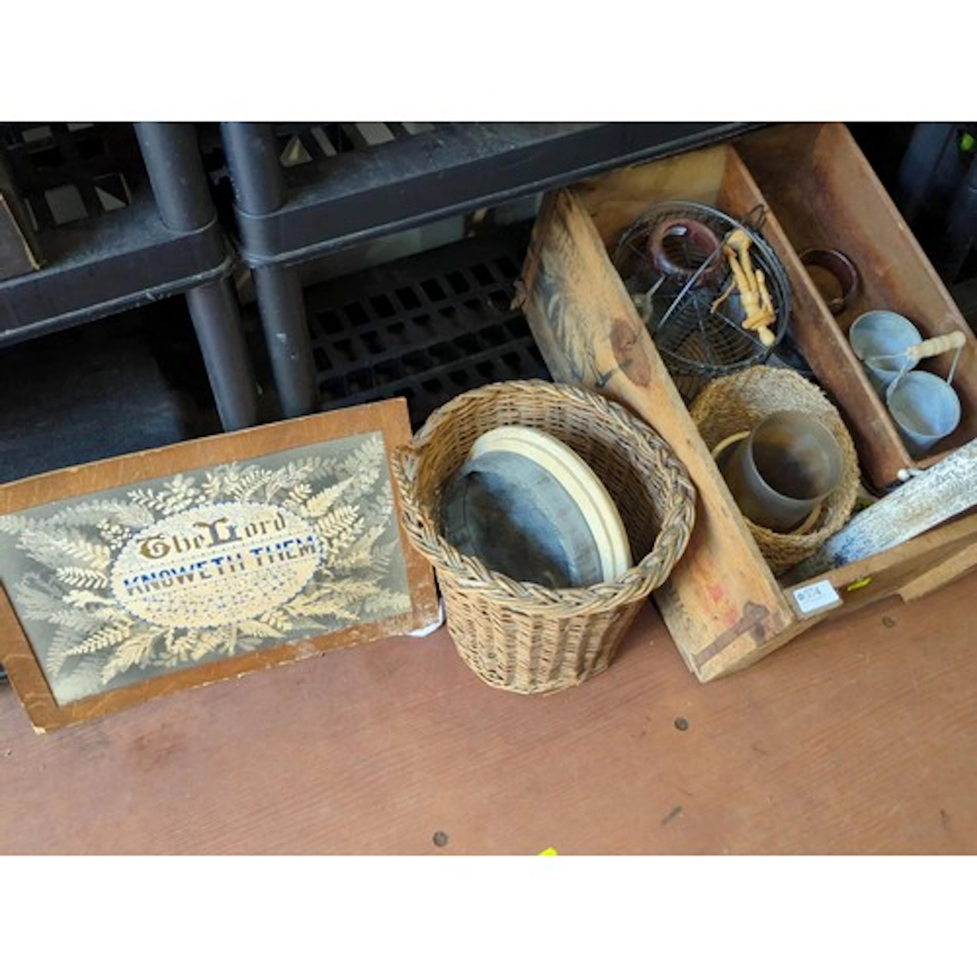 Wicker basket with bread board etc + religious poster, + woo...