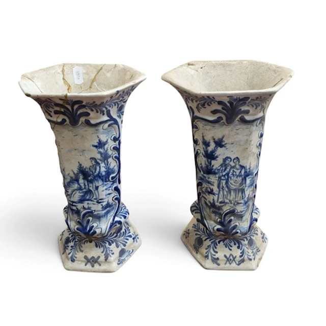 A pair of 18th Century Dutch Delftware Vases. Makers mark Ja...