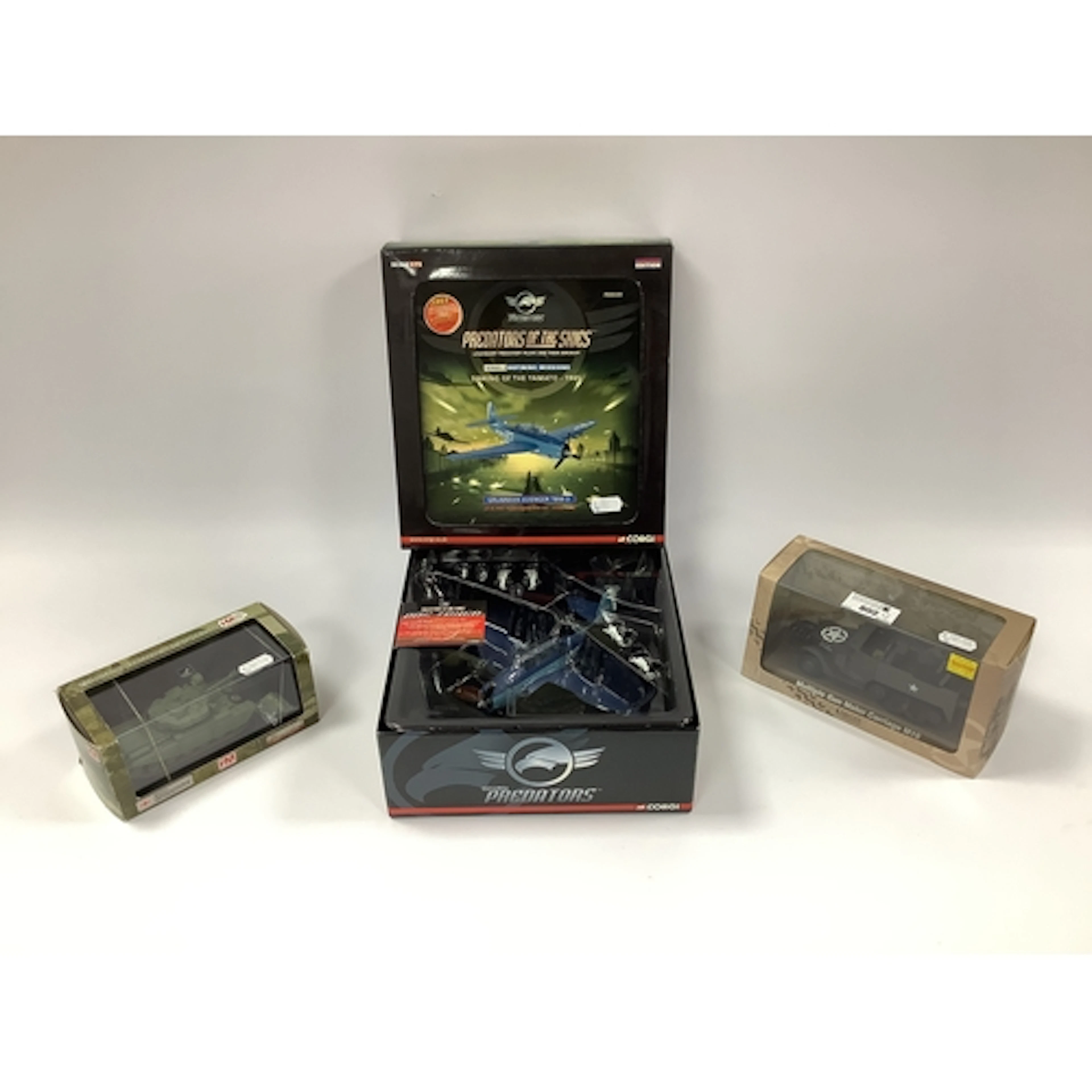 Three diecast model military armoured vehicles and aircraft ...