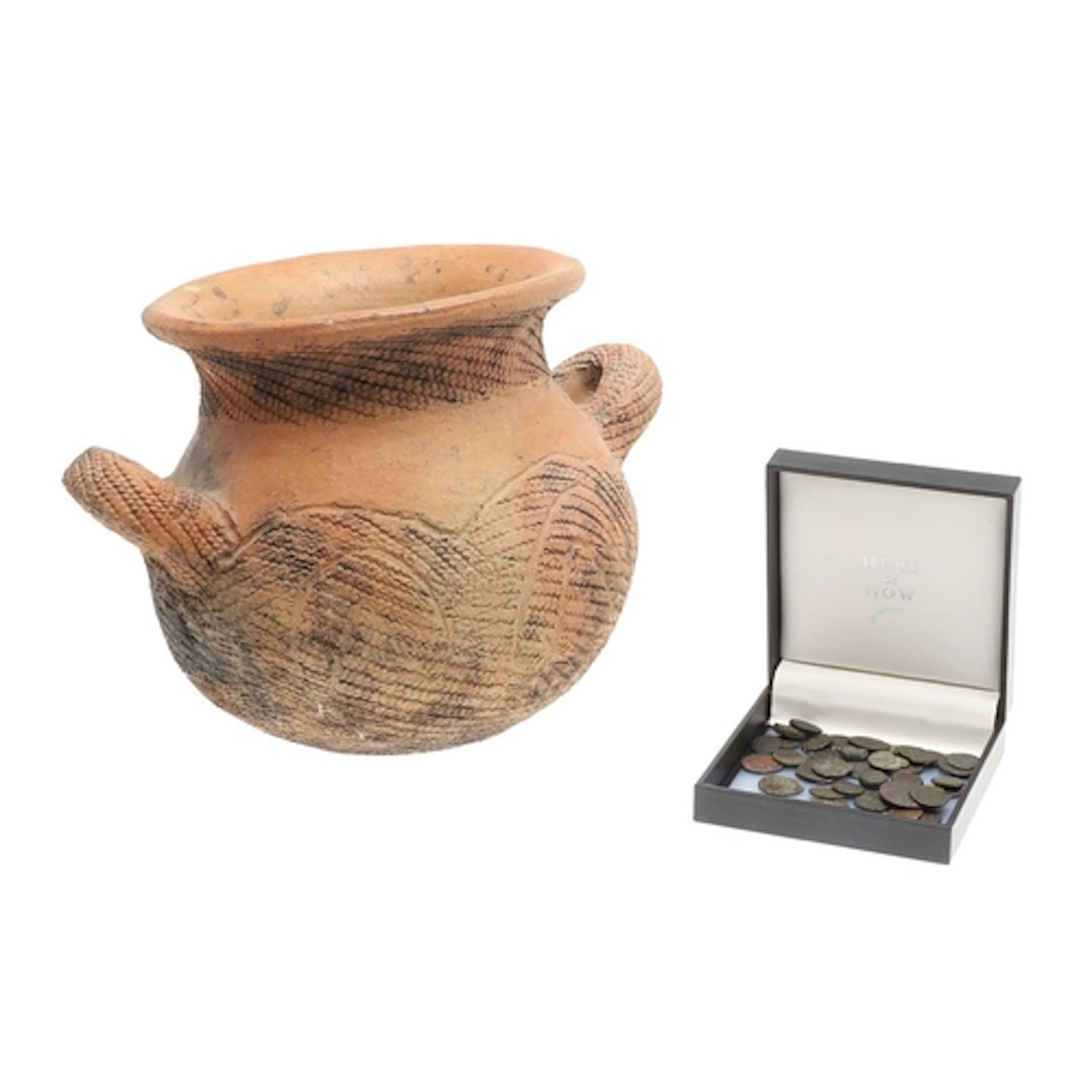 A COLLECTION OF ROMAN COINS AND EARLY STYLE VASE. A collecti...