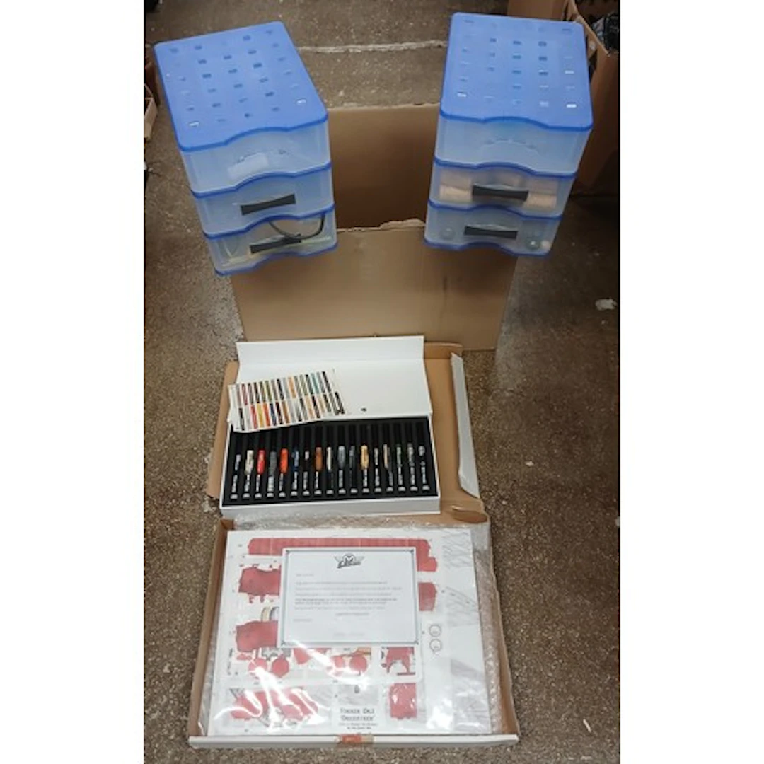 Two boxes of assorted acrylic marker pens, two small tool ch...