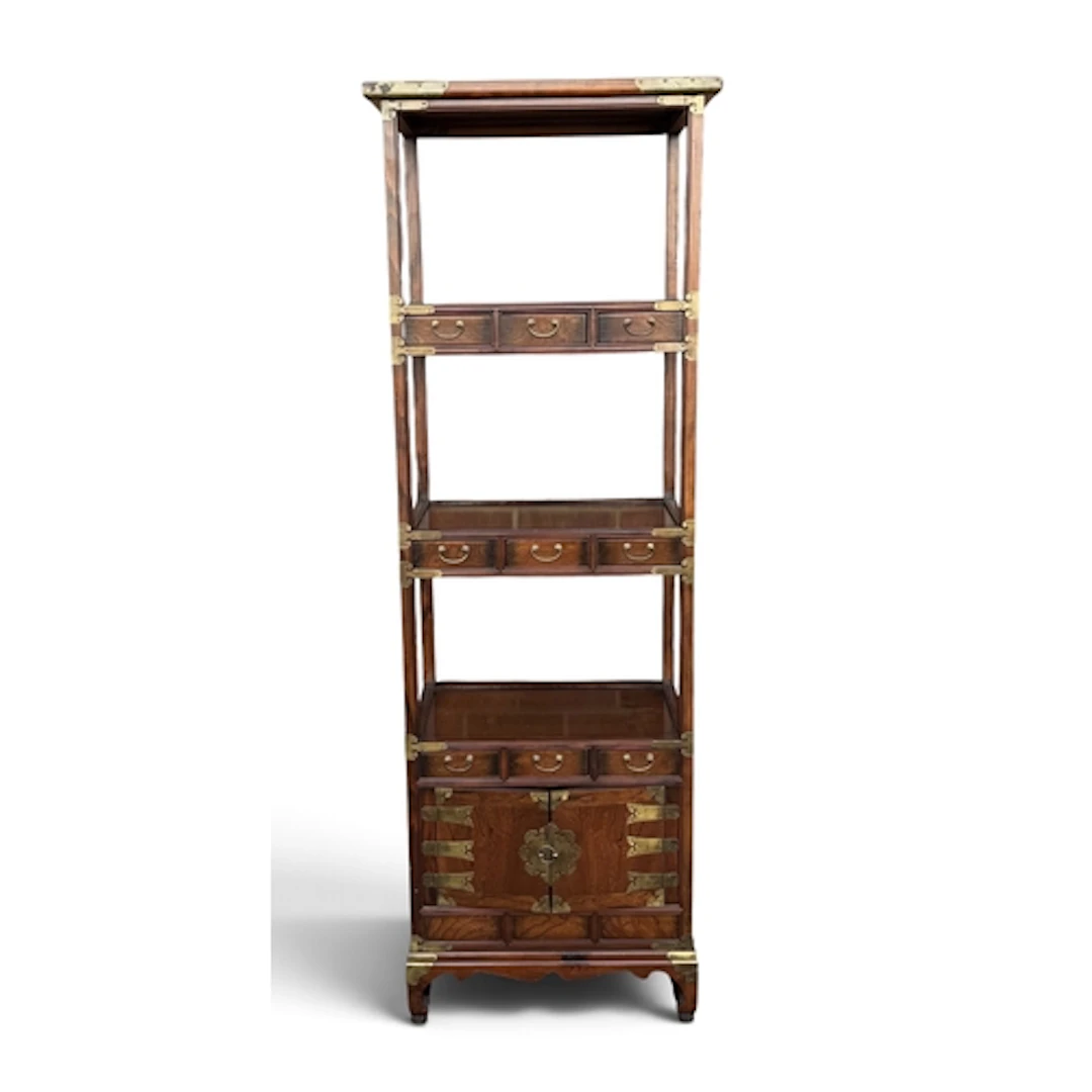 A MODERN KOREAN THREE-TIER ETAGER With brass hardware and sh...