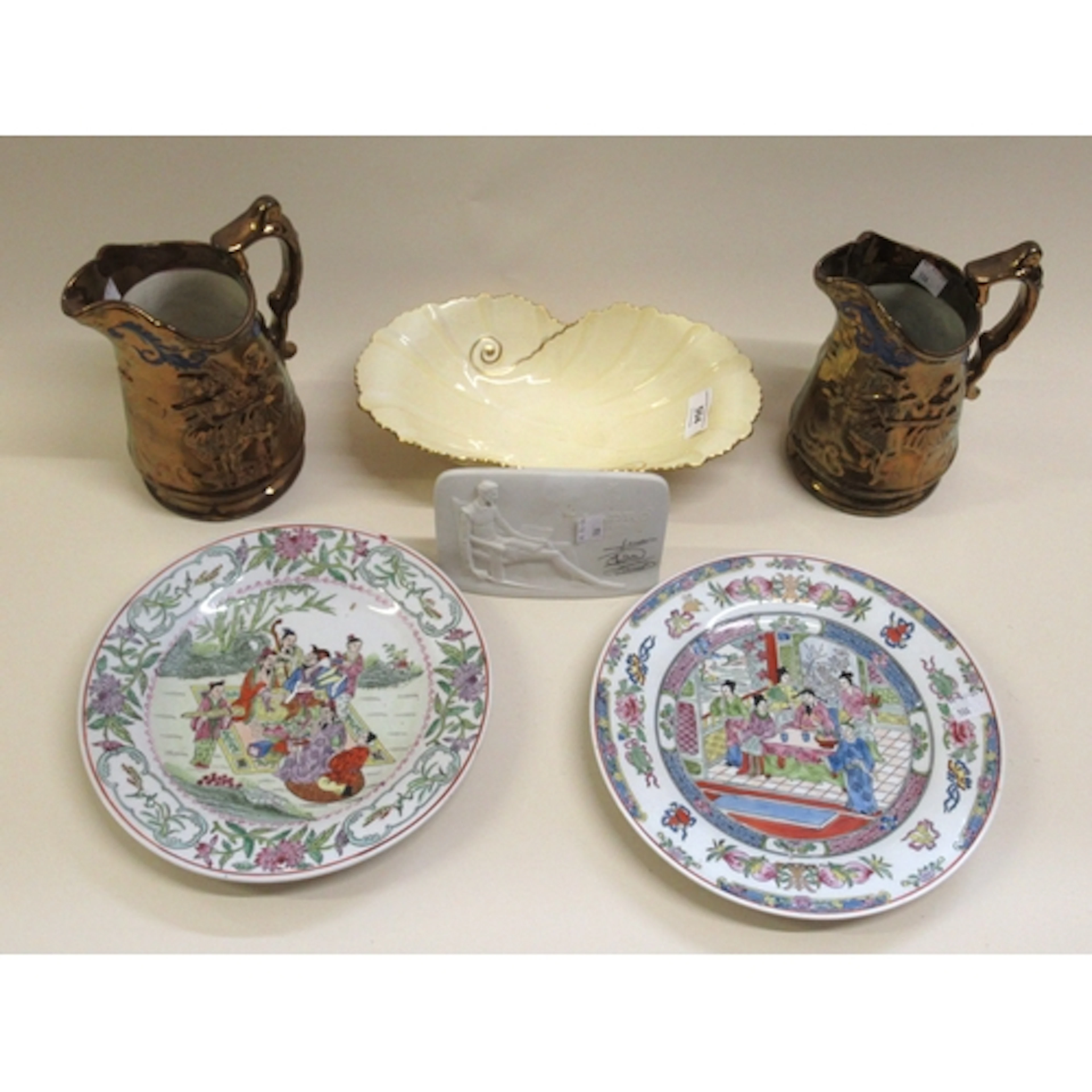 Two copper lustre jugs, Carltonware dish and two modern Chin...