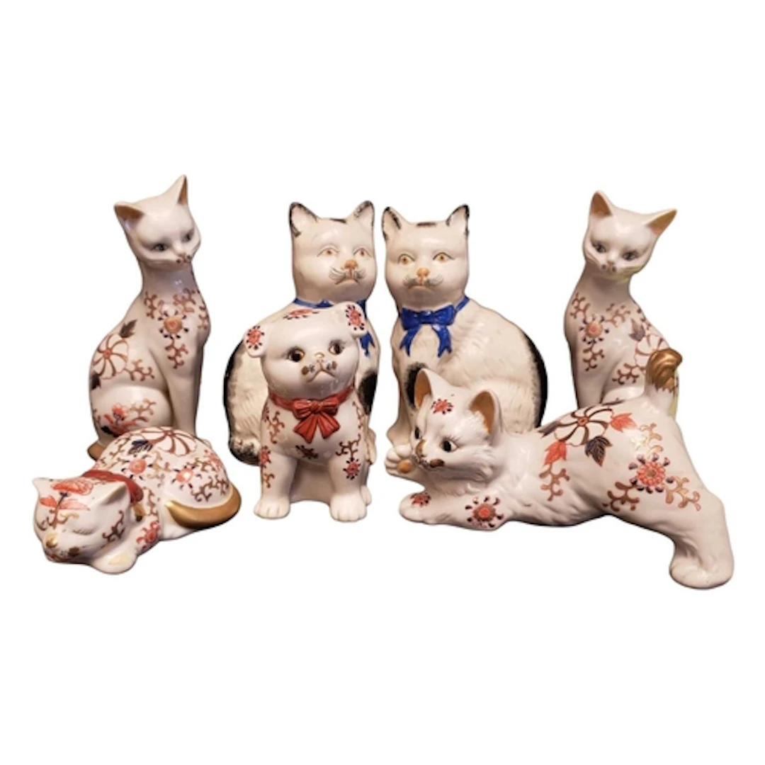 Pair of 19th century Staffordshire cats and imari decorated ...