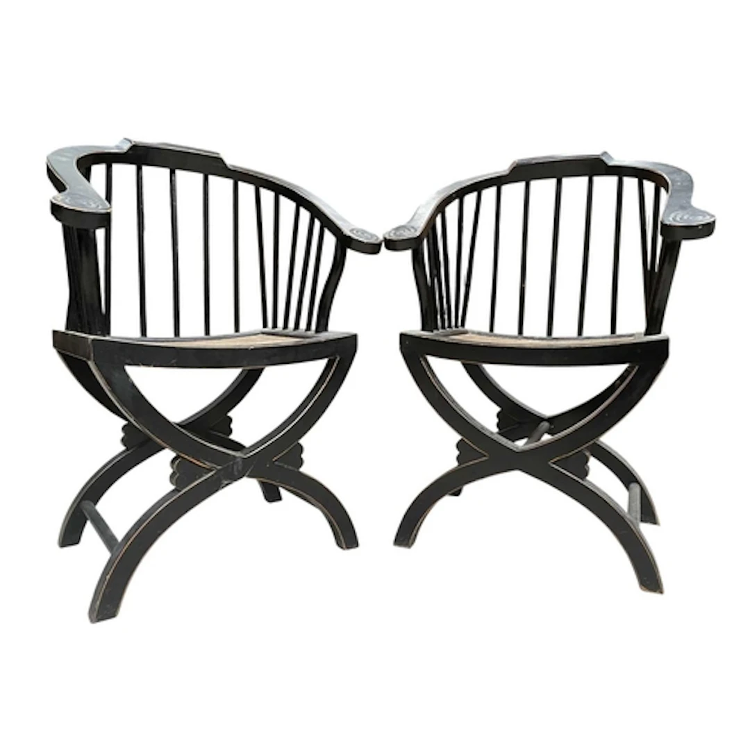 A pair of Contemporary Design ebonised Chinese-inspired armc...