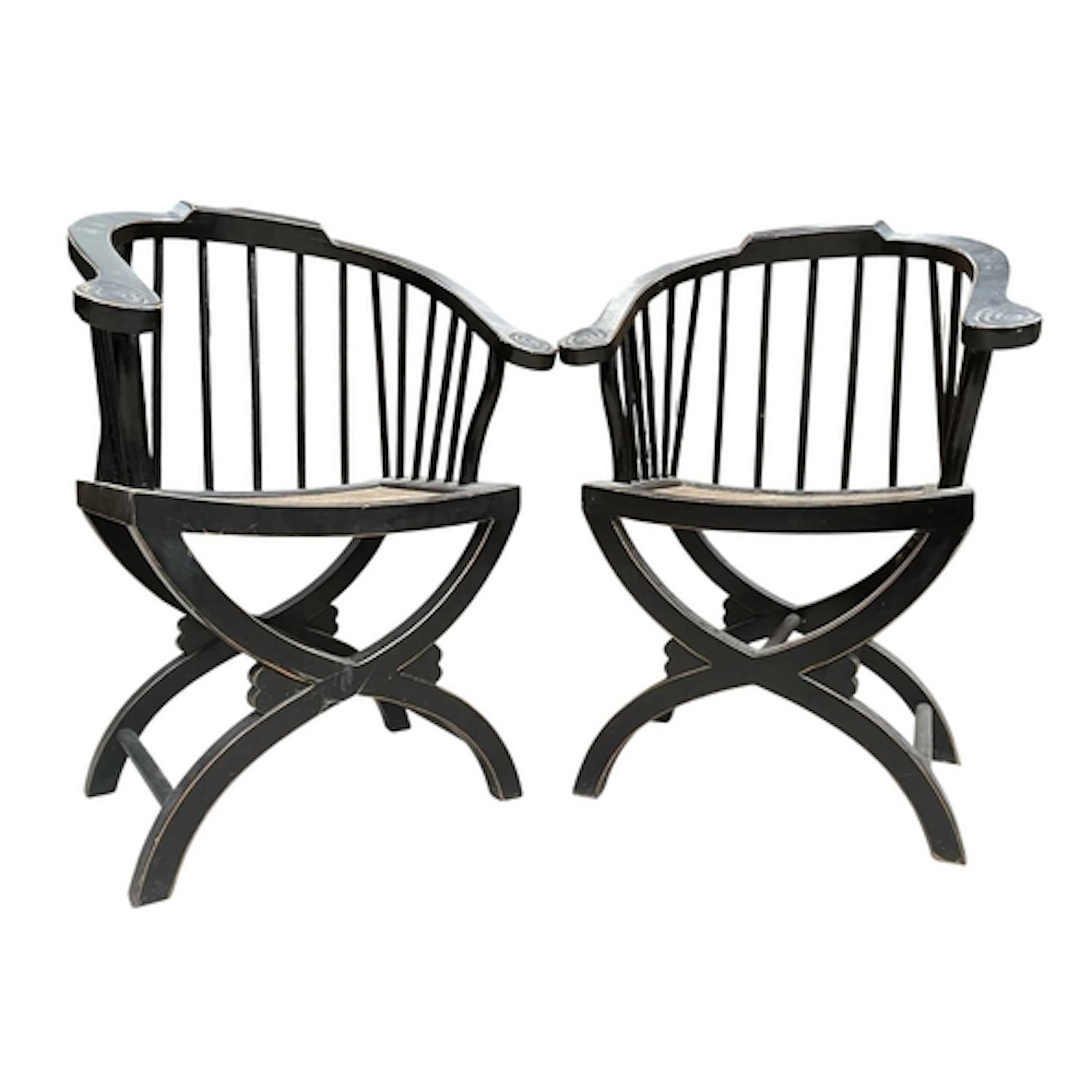 A pair of Contemporary Design ebonised Chinese-inspired armc...