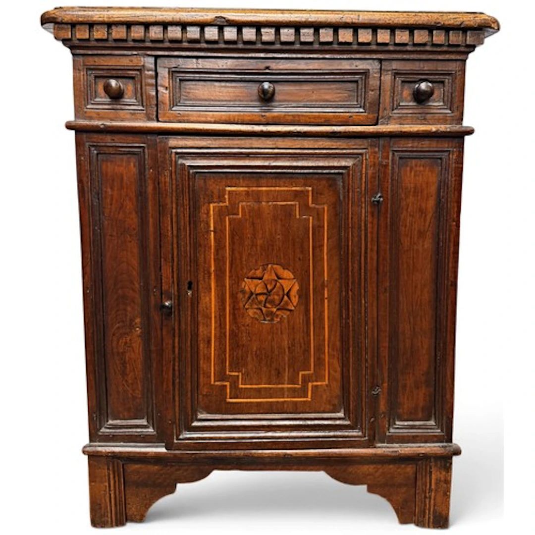 An unusual, diminutive Italian walnut credenza of architectu...
