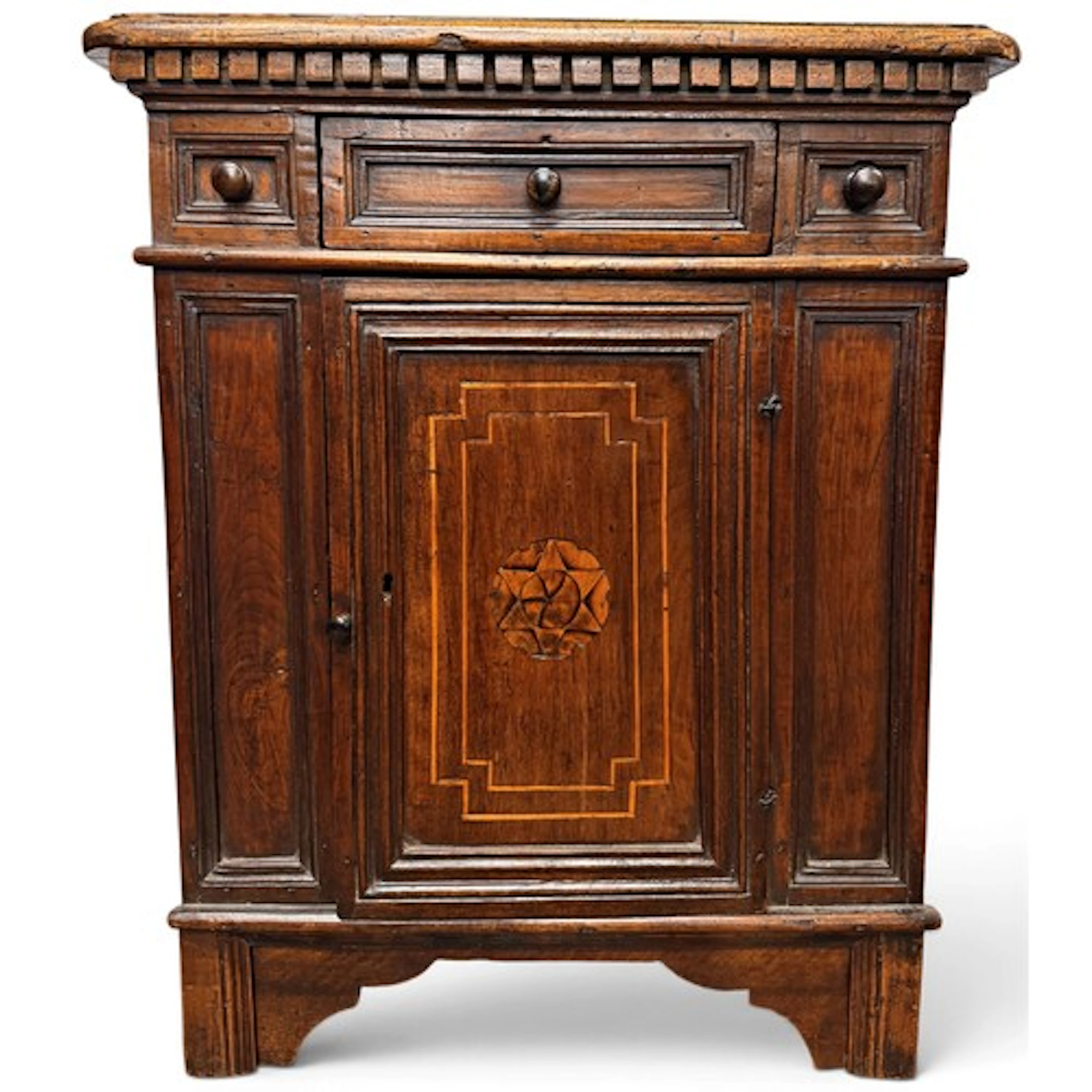 An unusual, diminutive Italian walnut credenza of architectu...