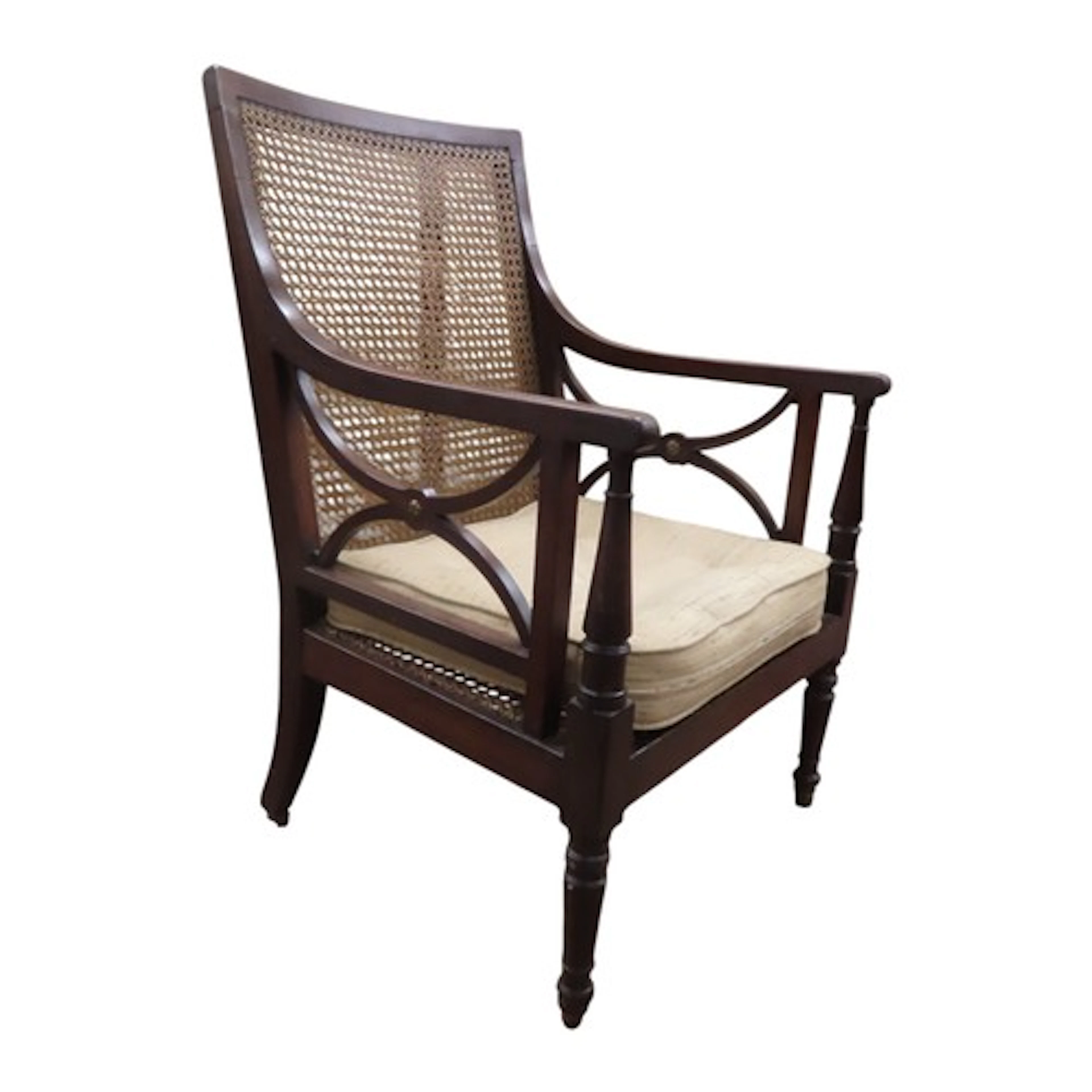 A Regency mahogany bersgre armchair with x-shaped side panel...