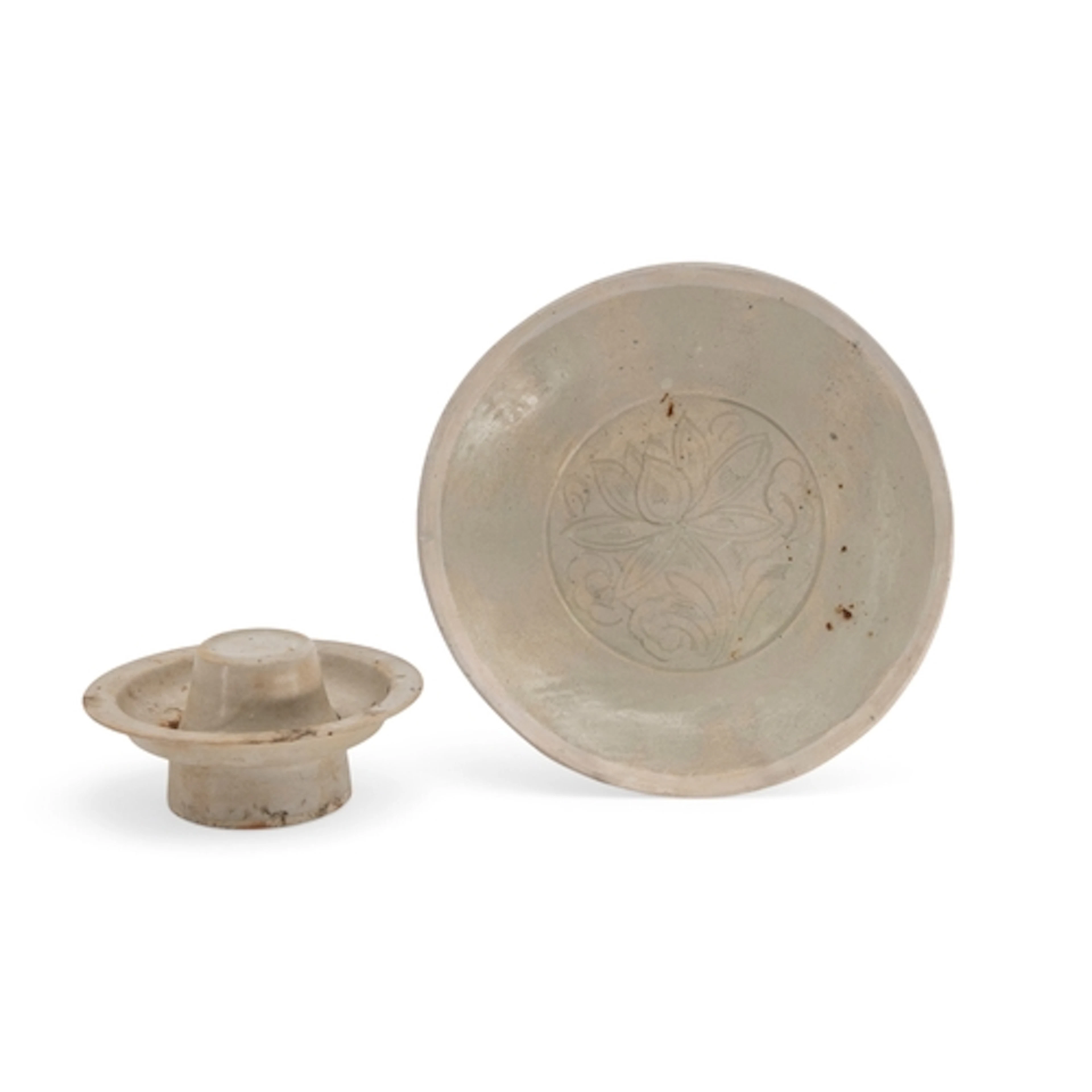 A CHINESE 'QINGBAI' DISH AND CUP STAND SONG DYNASTY 21.5cm d...