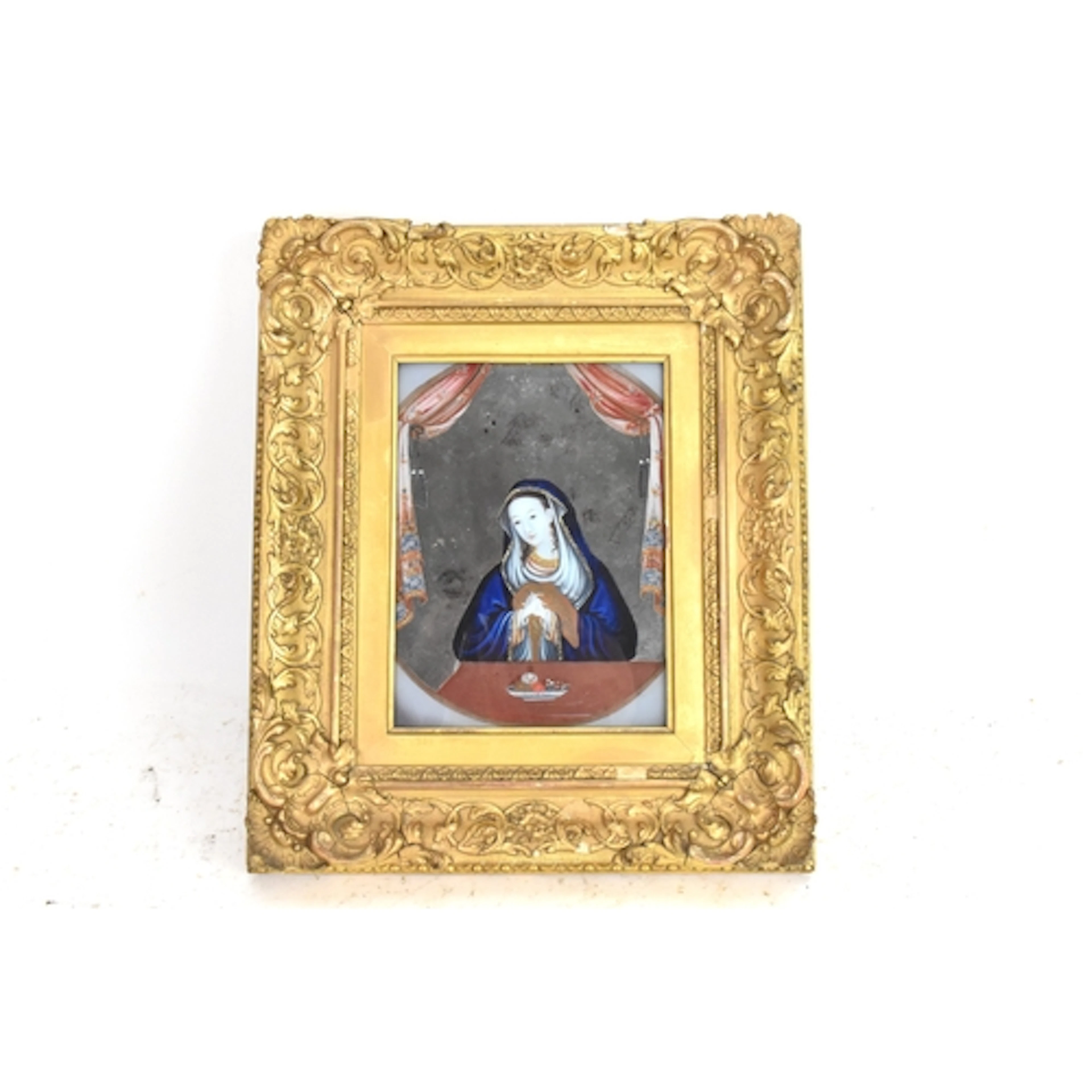 A 19th century Chinese devotional printed picture on glass, ...