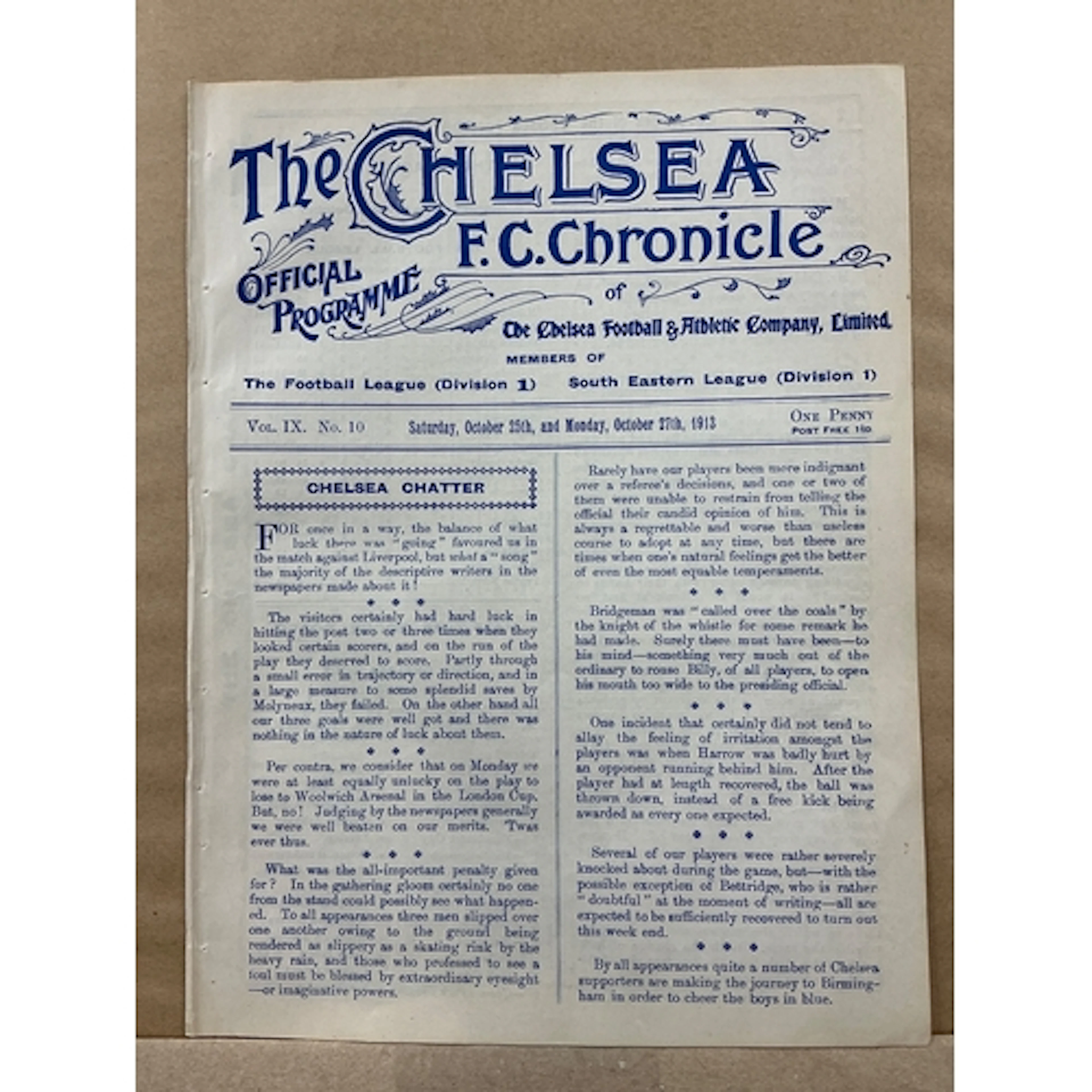 1913 - 1914 Chelsea v West Ham Football Programme: Ex bound ...