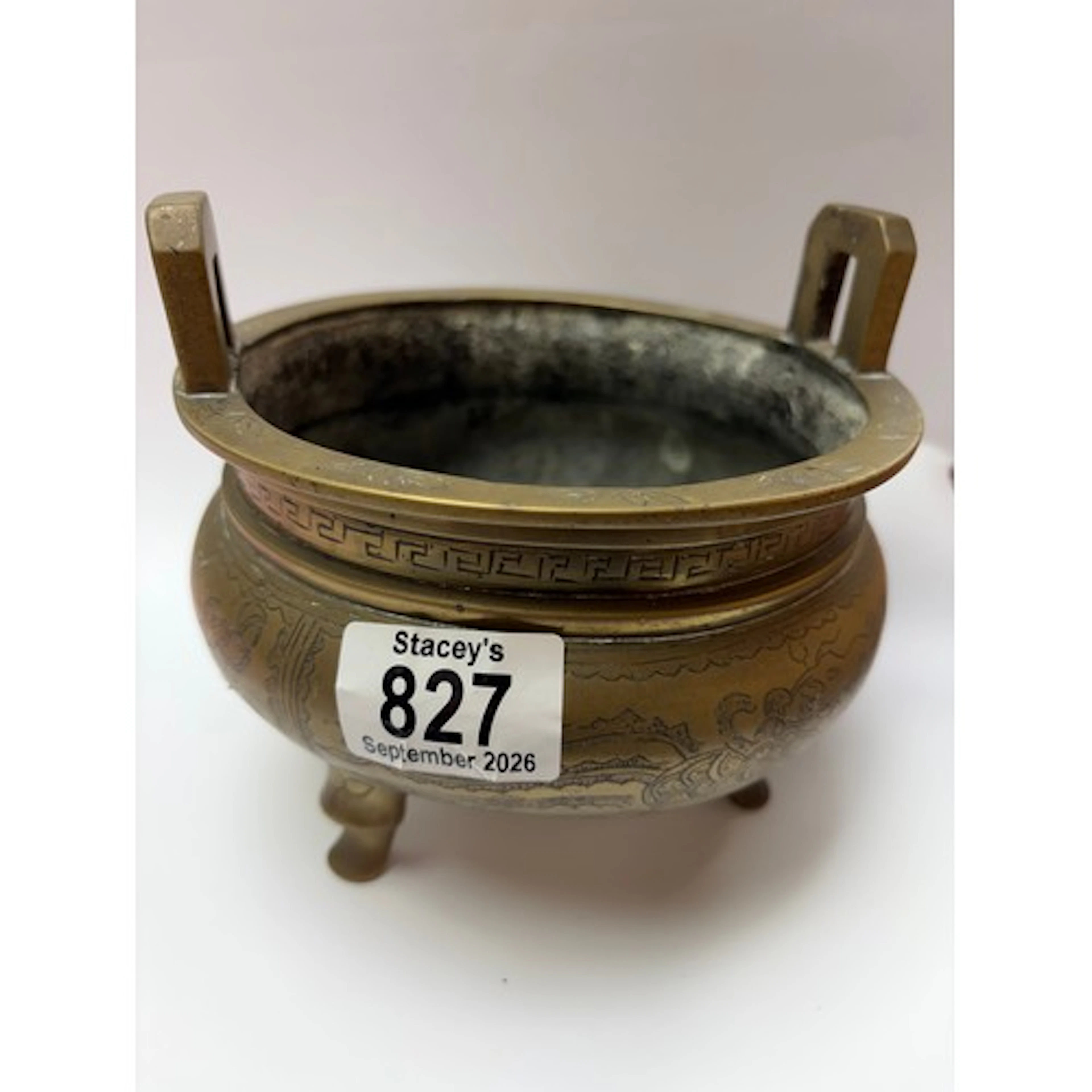 A Chinese brass censer with caricature marks to the base. Di...