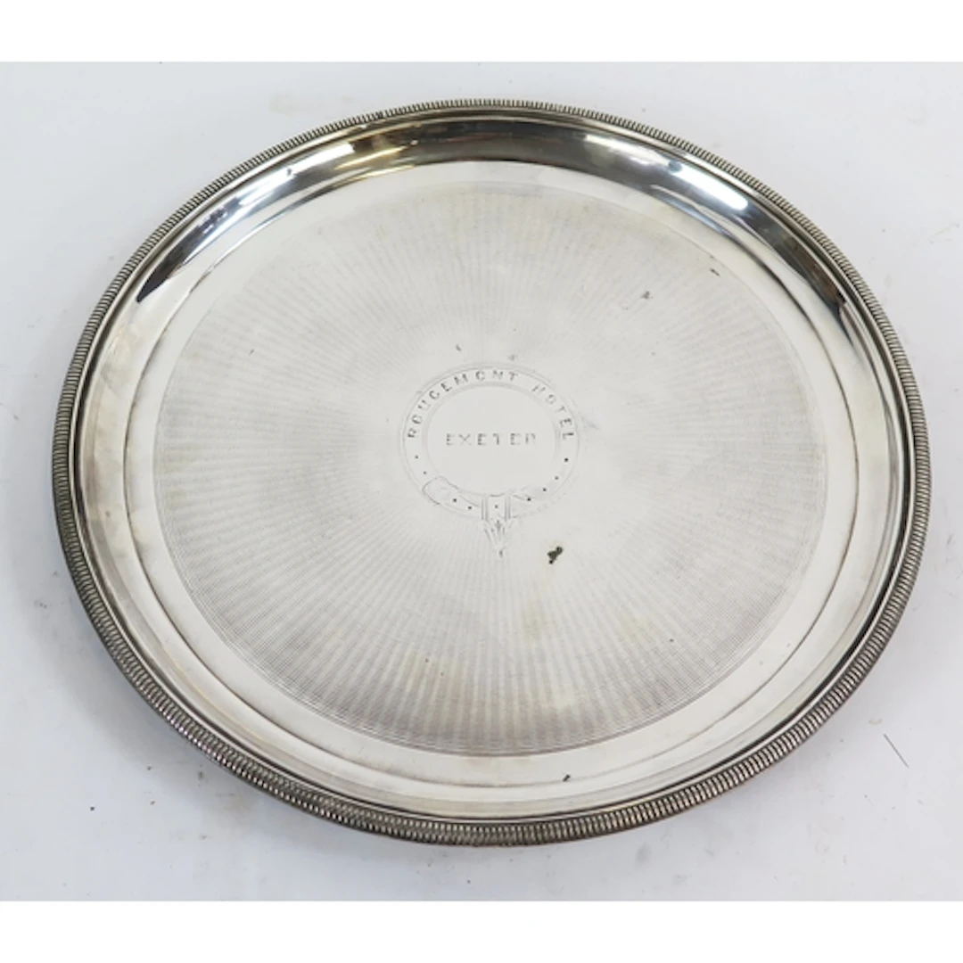 silver plated circular serving tray, inscribed "Rougemont Ho...
