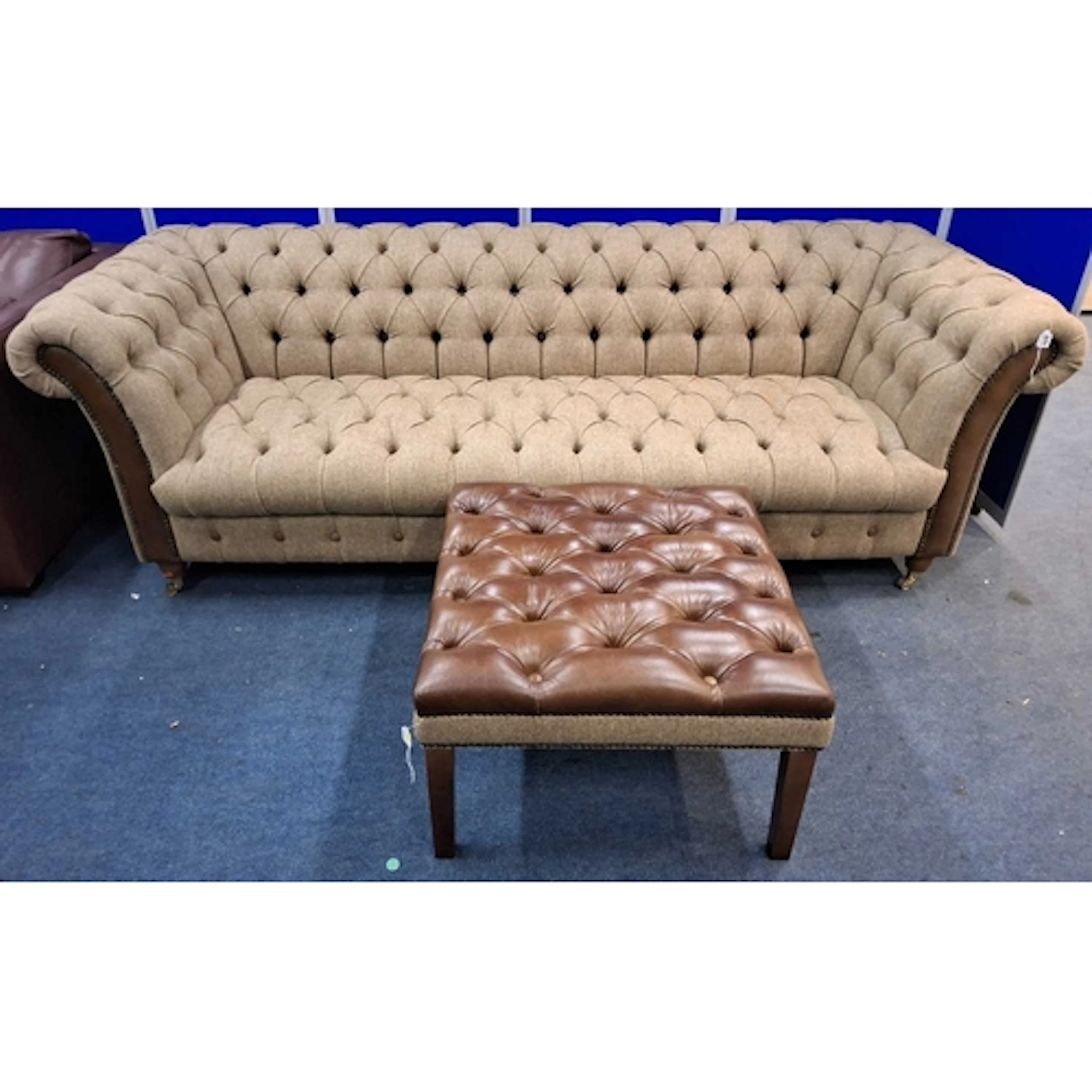 A LARGE CHESTERFIELD STYLE SOFA, with Harris Tweed and leath...