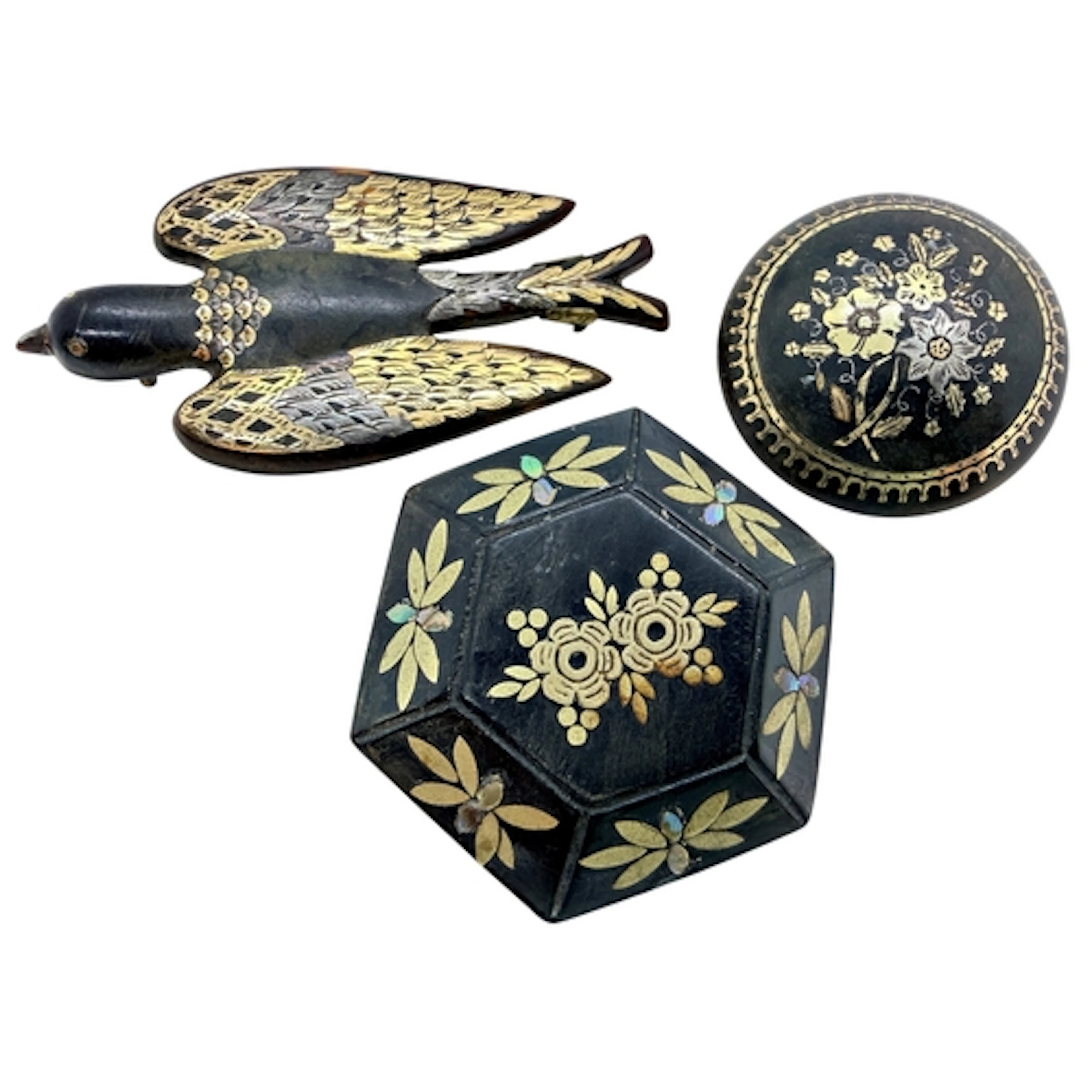 Two Victorian tortoiseshell pique brooches, one in the form ...