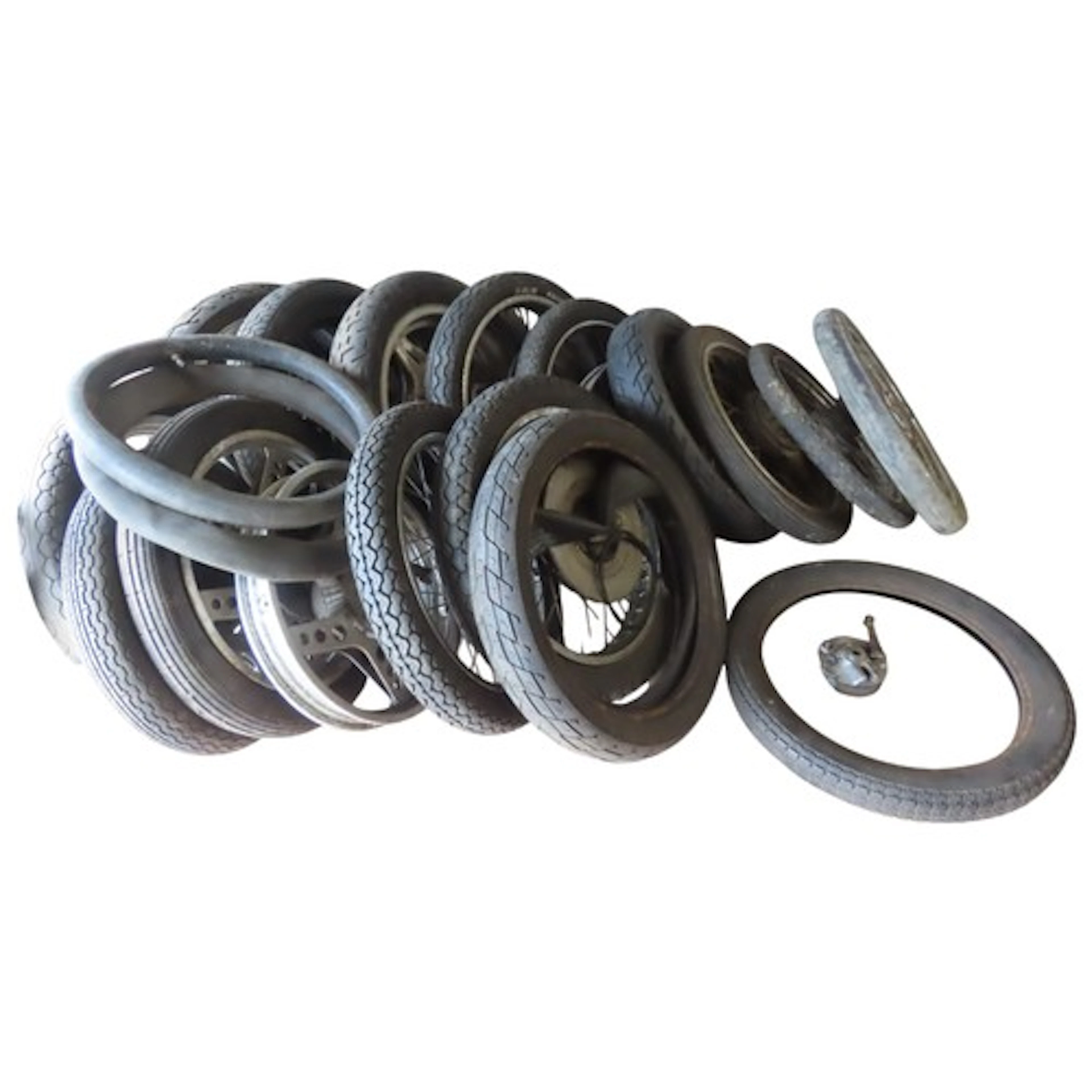 A collection of motorcycle wheels and tyres