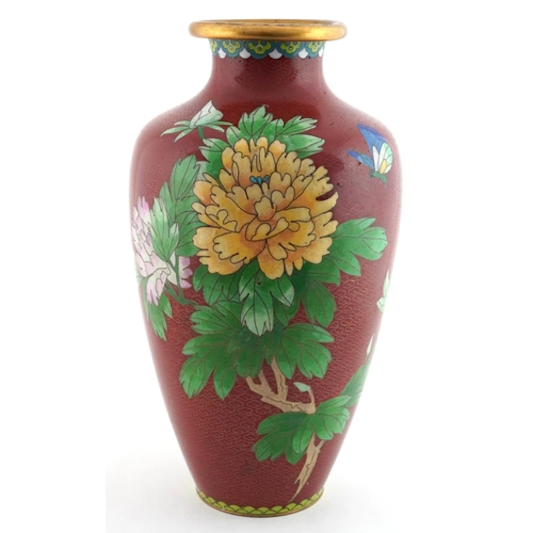 Chinese cloisonné vase with decorated with flowers and butte...