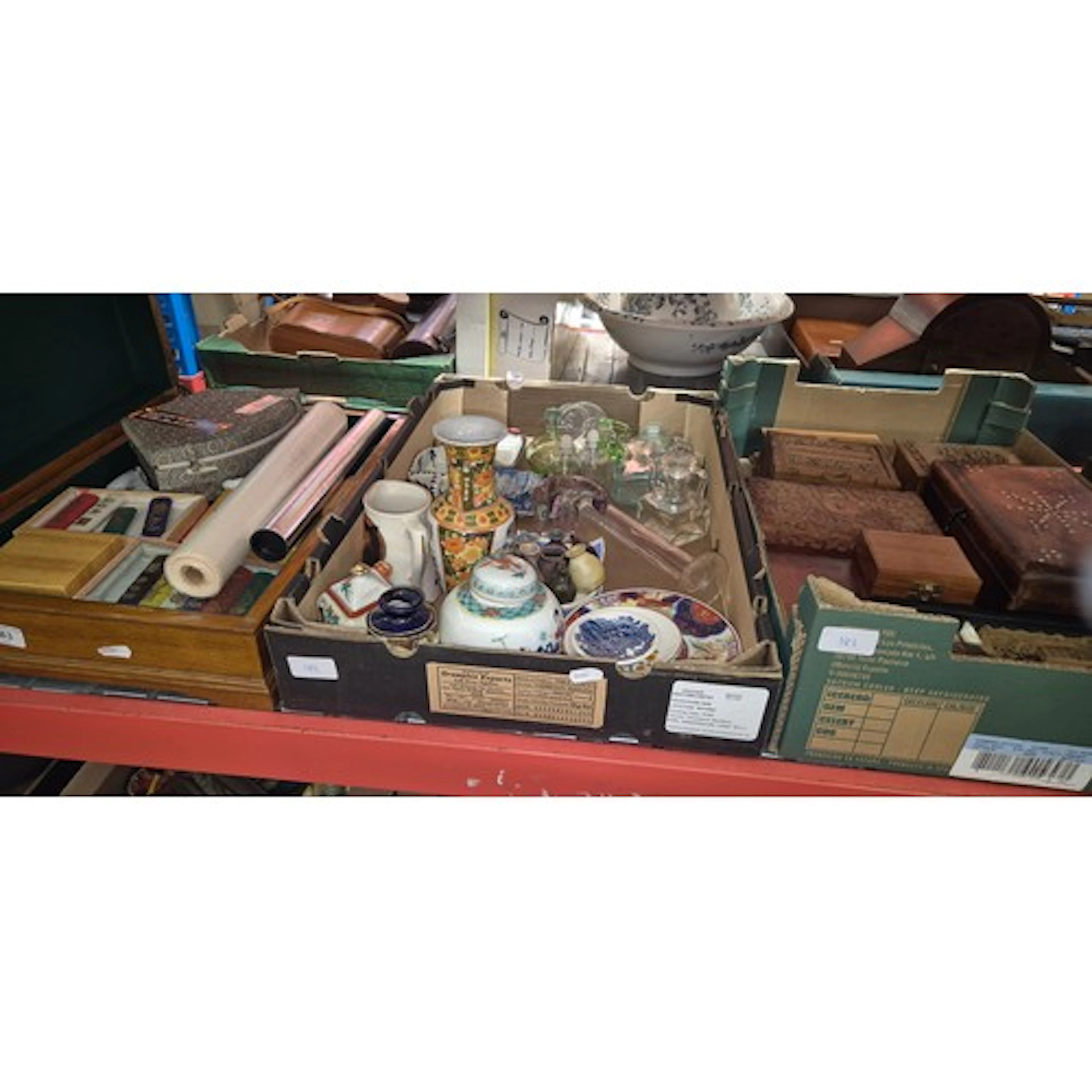 A box of treen and two boxes of glass and ceramics etc, incl...