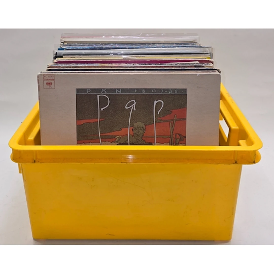 A plastic tub containing a large collection of vinyl LP reco...