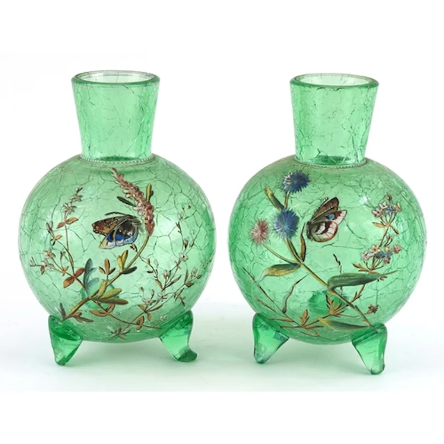 Pair of Victorian uranium crackle glass vases hand painted w...