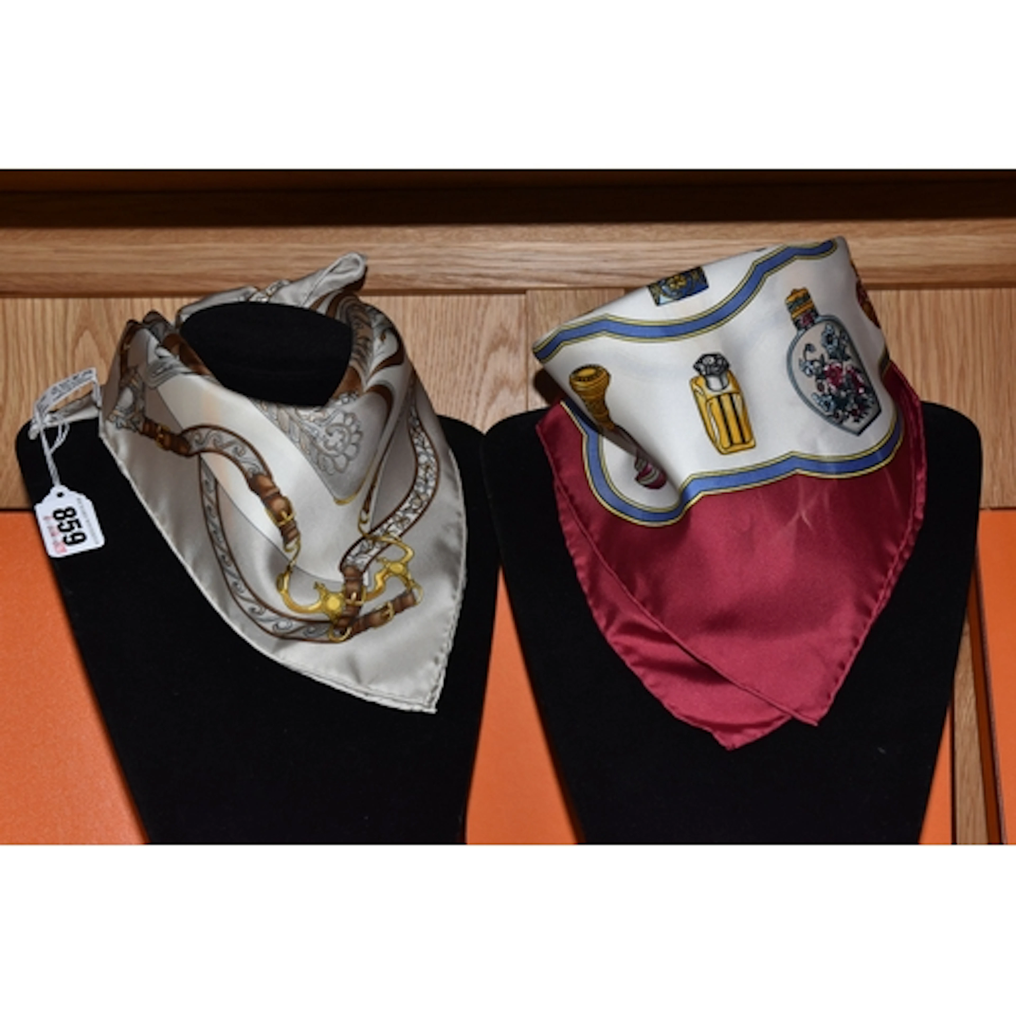 TWO VINTAGE HERMES SILK NECKERCHIEF SCARVES, comprising 'Fes...