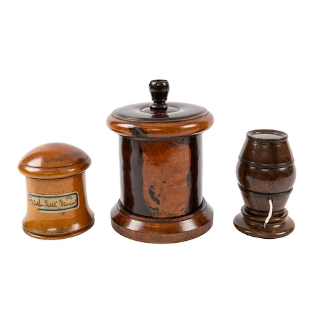 A lignum vitae string barrel, first half 19th century; the c...