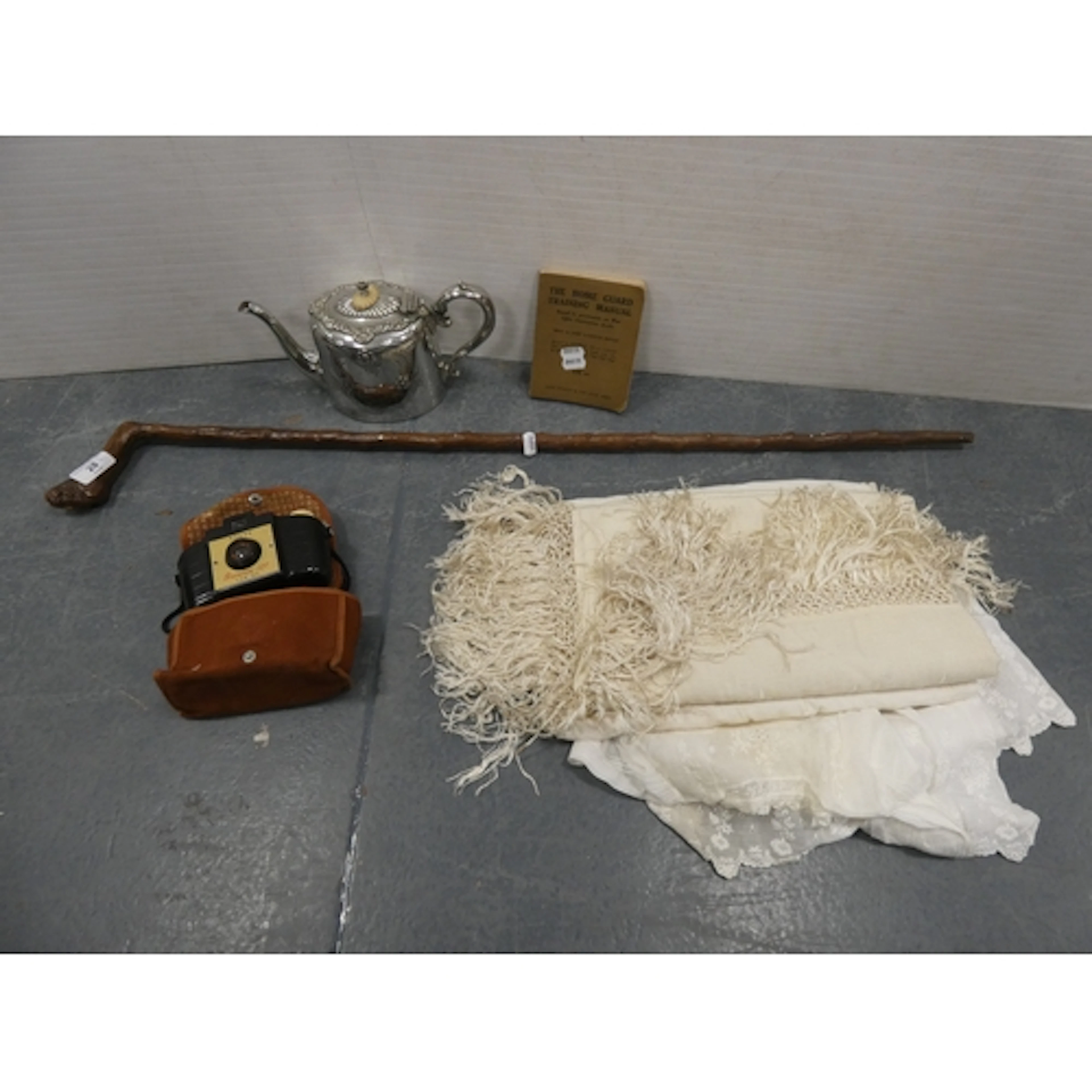 Walking stick, linen, napery, Home Guard training manual, EP...