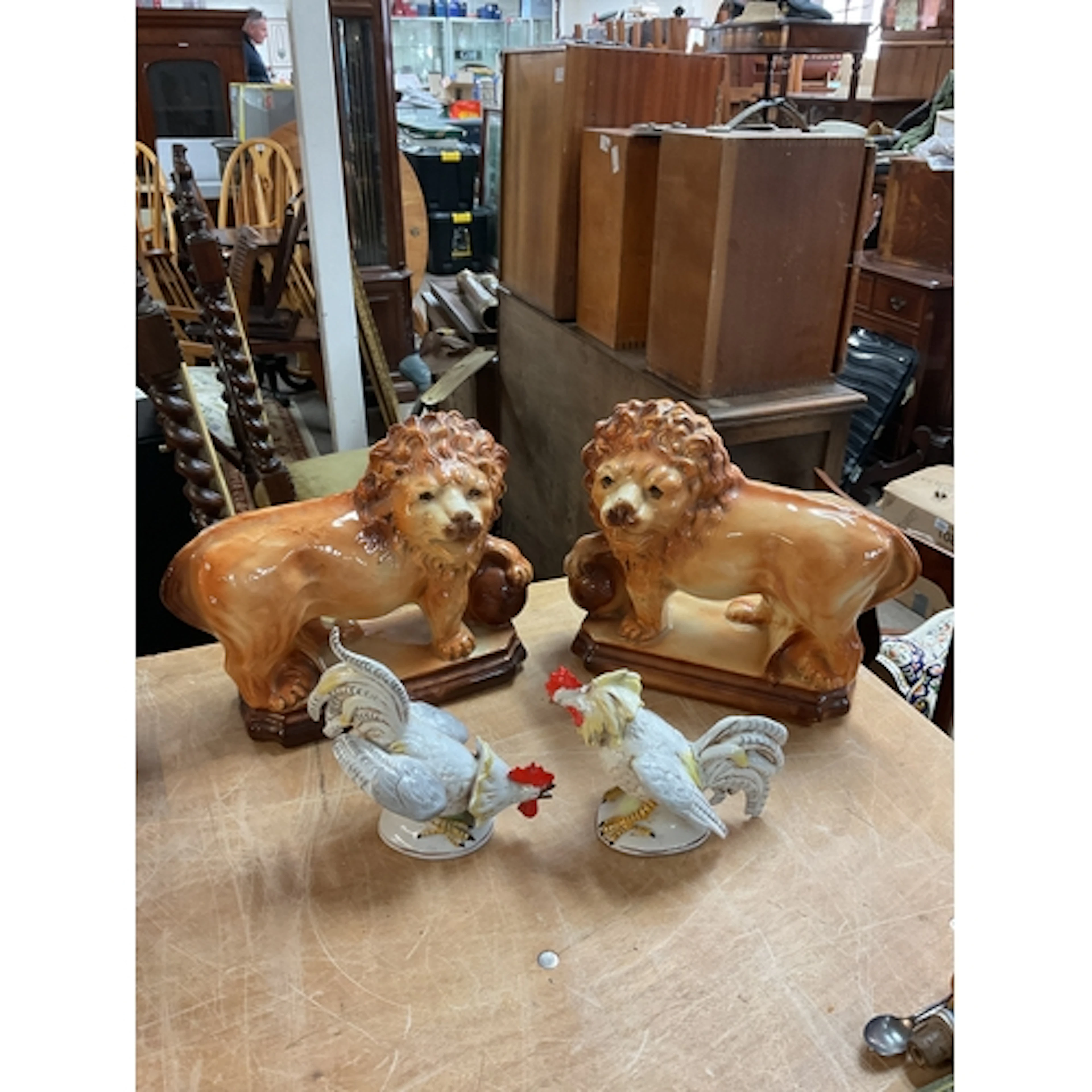 Pair of large lions and pair of Cockerels.