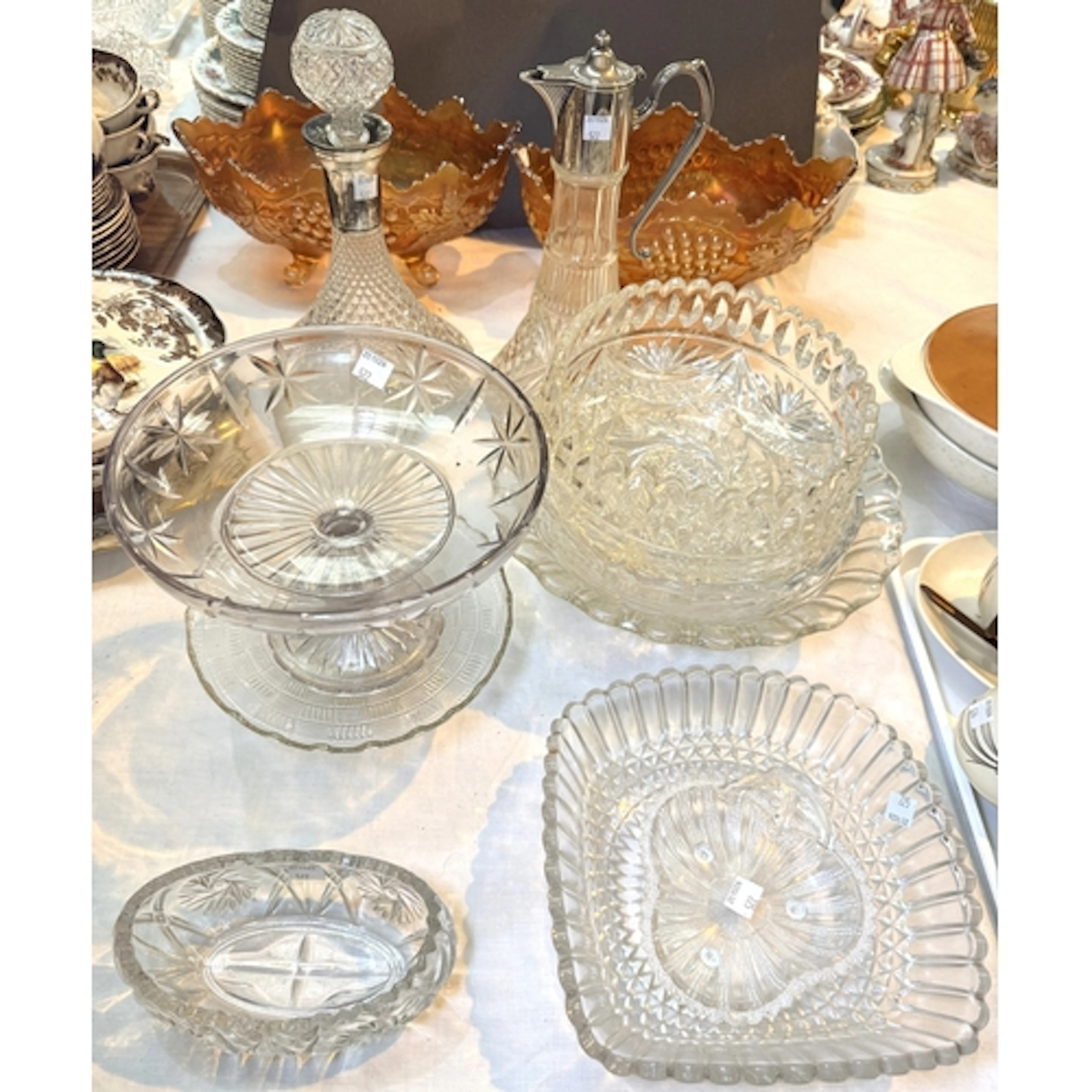 A pair of large boat shaped carnival glass bowls (length 32c...